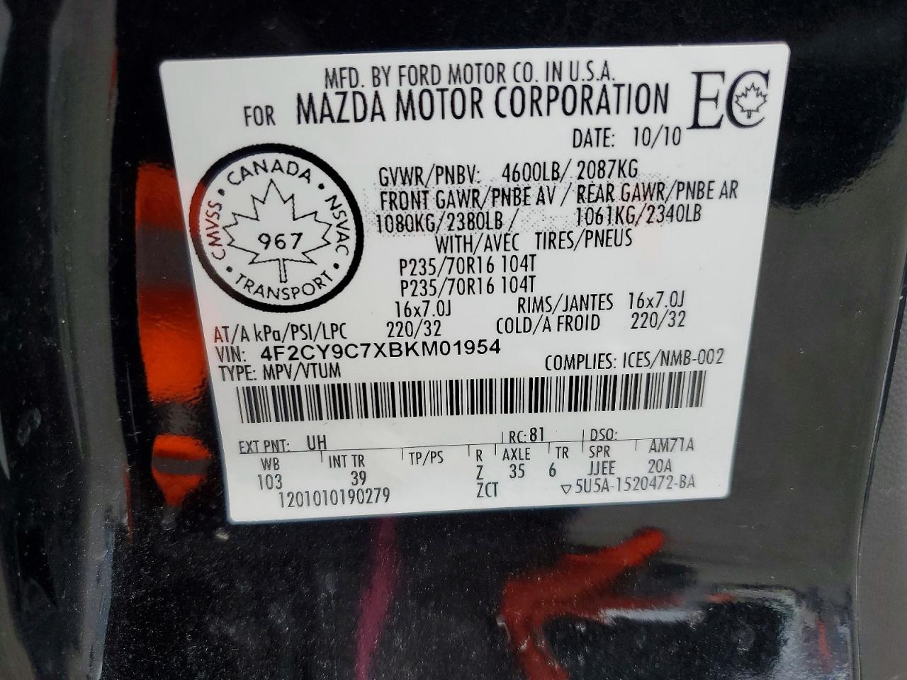 2011 Mazda Tribute I Black vin: 4F2CY9C7XBKM01954