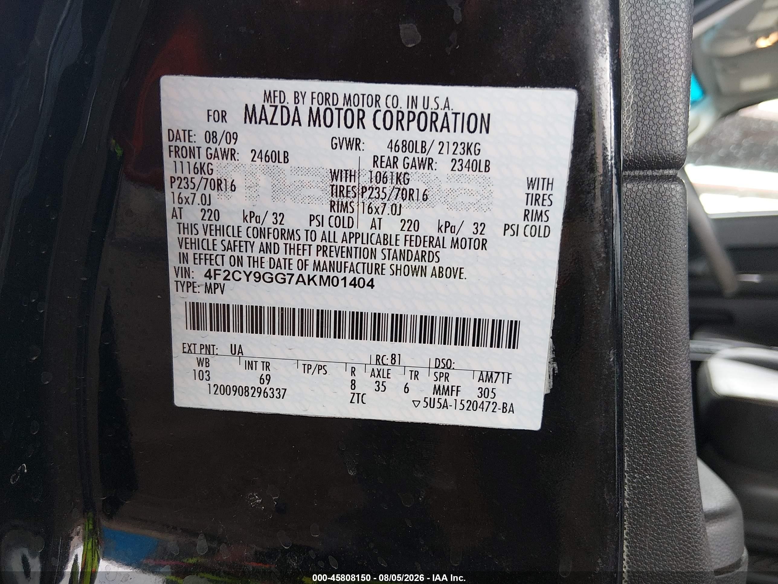 2010 Mazda Tribute S Grand Touring Black vin: 4F2CY9GG7AKM01404