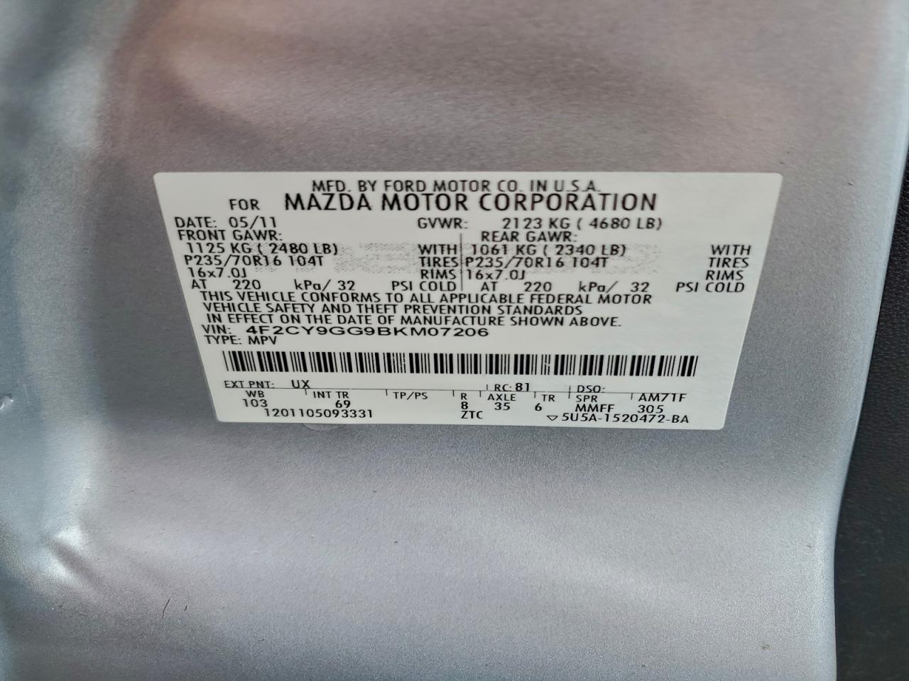 2011 Mazda Tribute S Silver vin: 4F2CY9GG9BKM07206