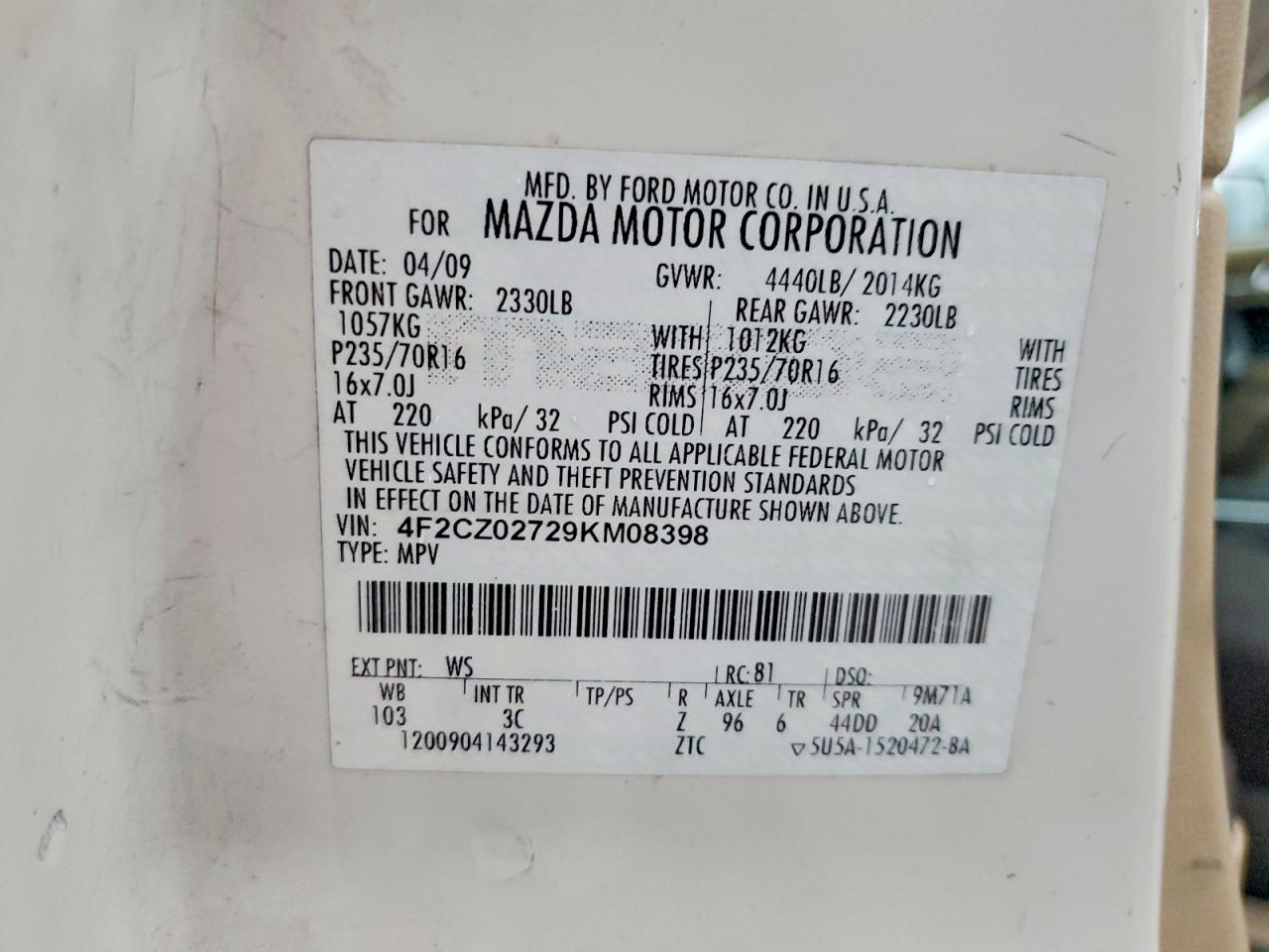 2009 Mazda Tribute I White vin: 4F2CZ02729KM08398