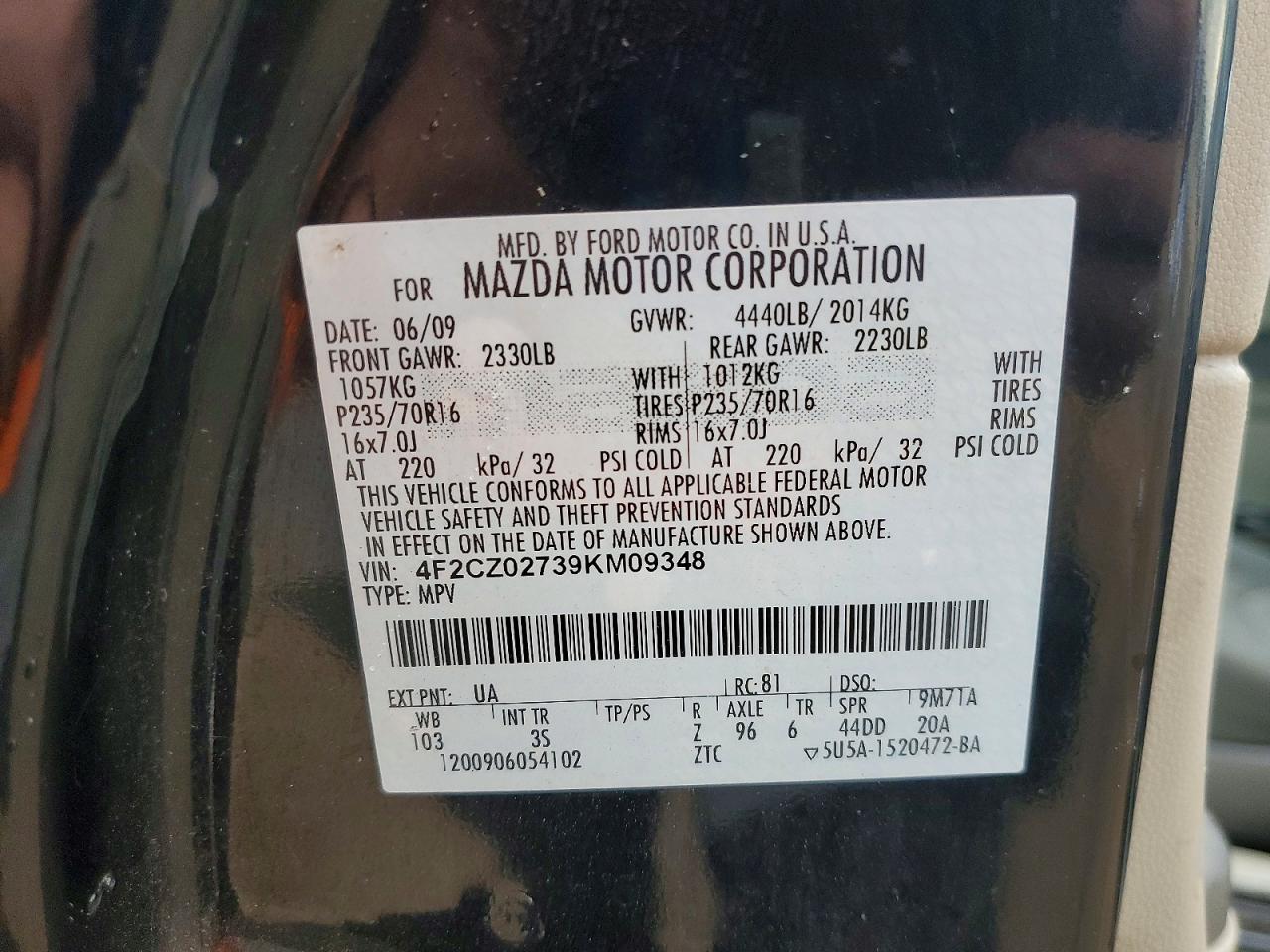 2009 Mazda Tribute I Black vin: 4F2CZ02739KM09348