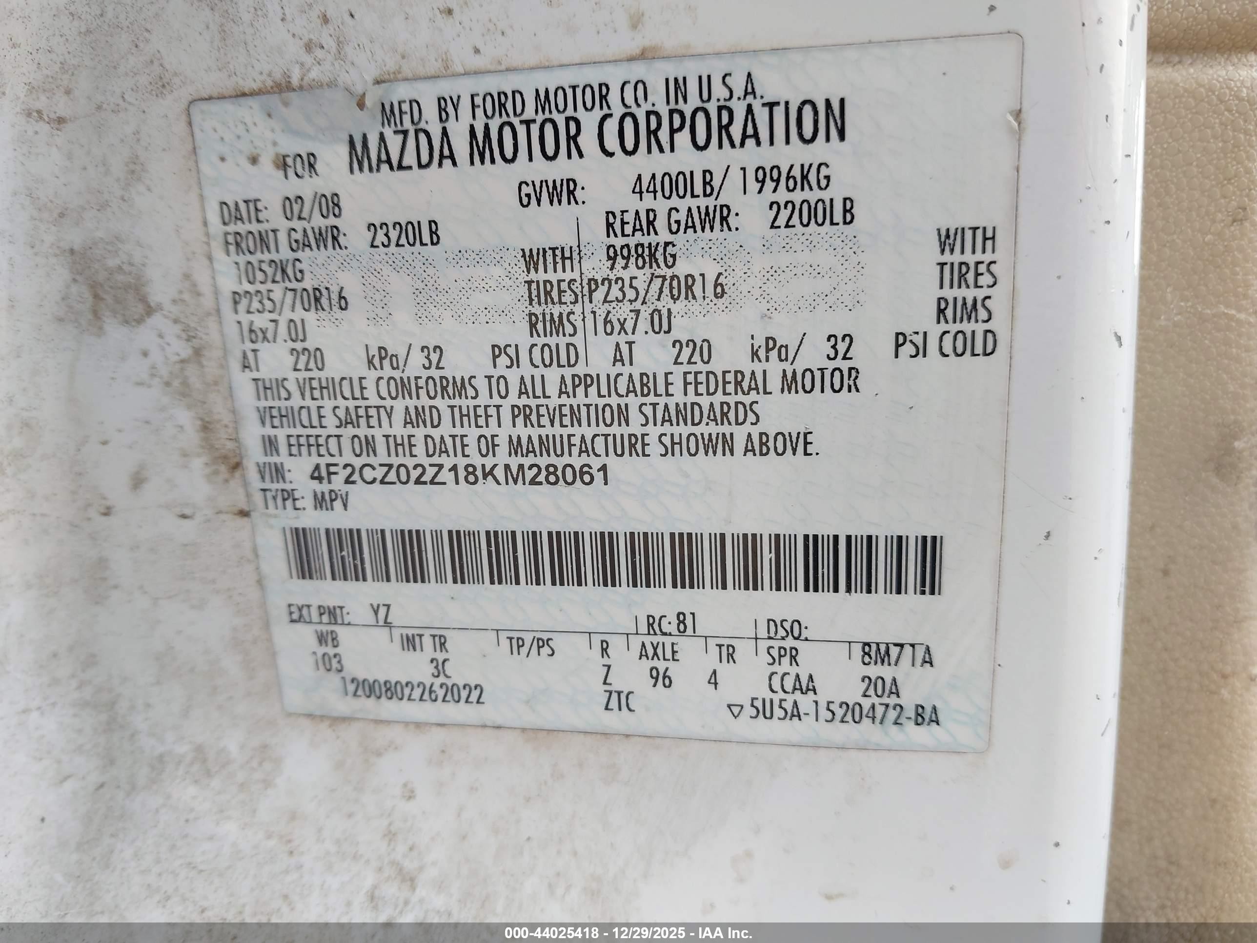 2008 Mazda Tribute I Sport White vin: 4F2CZ02Z18KM28061