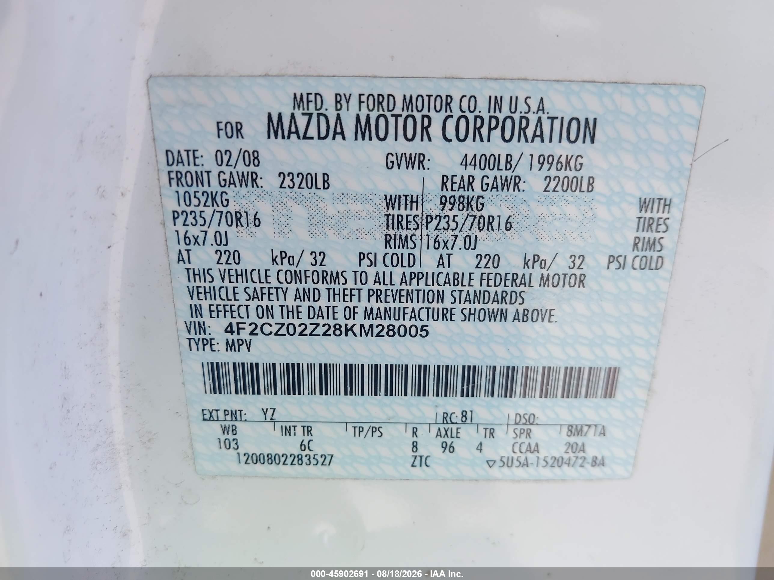 2008 Mazda Tribute I Grand Touring White vin: 4F2CZ02Z28KM28005