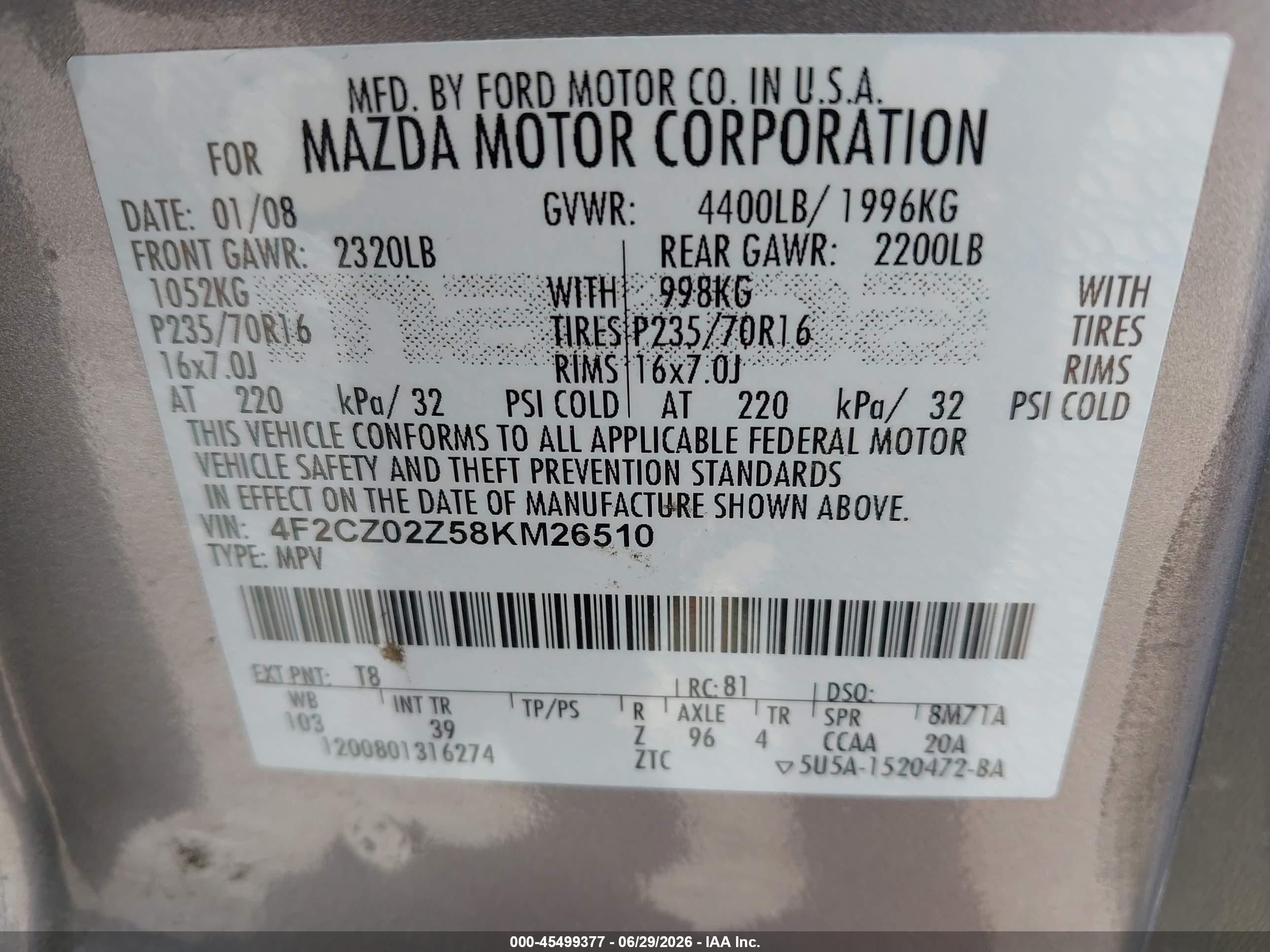 2008 Mazda Tribute I Sport Gray vin: 4F2CZ02Z58KM26510