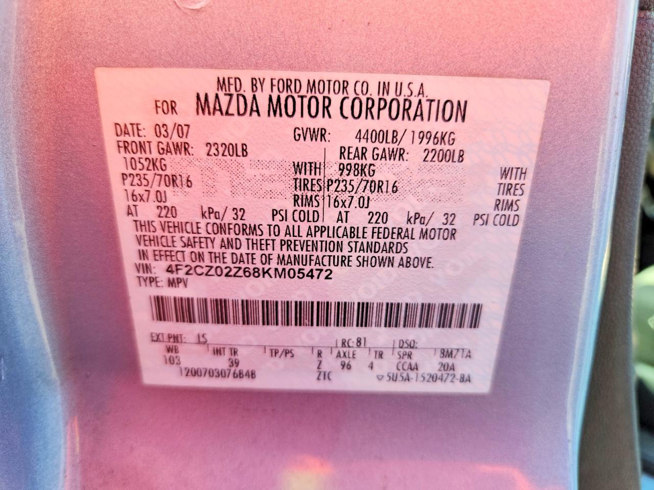 2008 Mazda Tribute I Серебряный vin: 4F2CZ02Z68KM05472