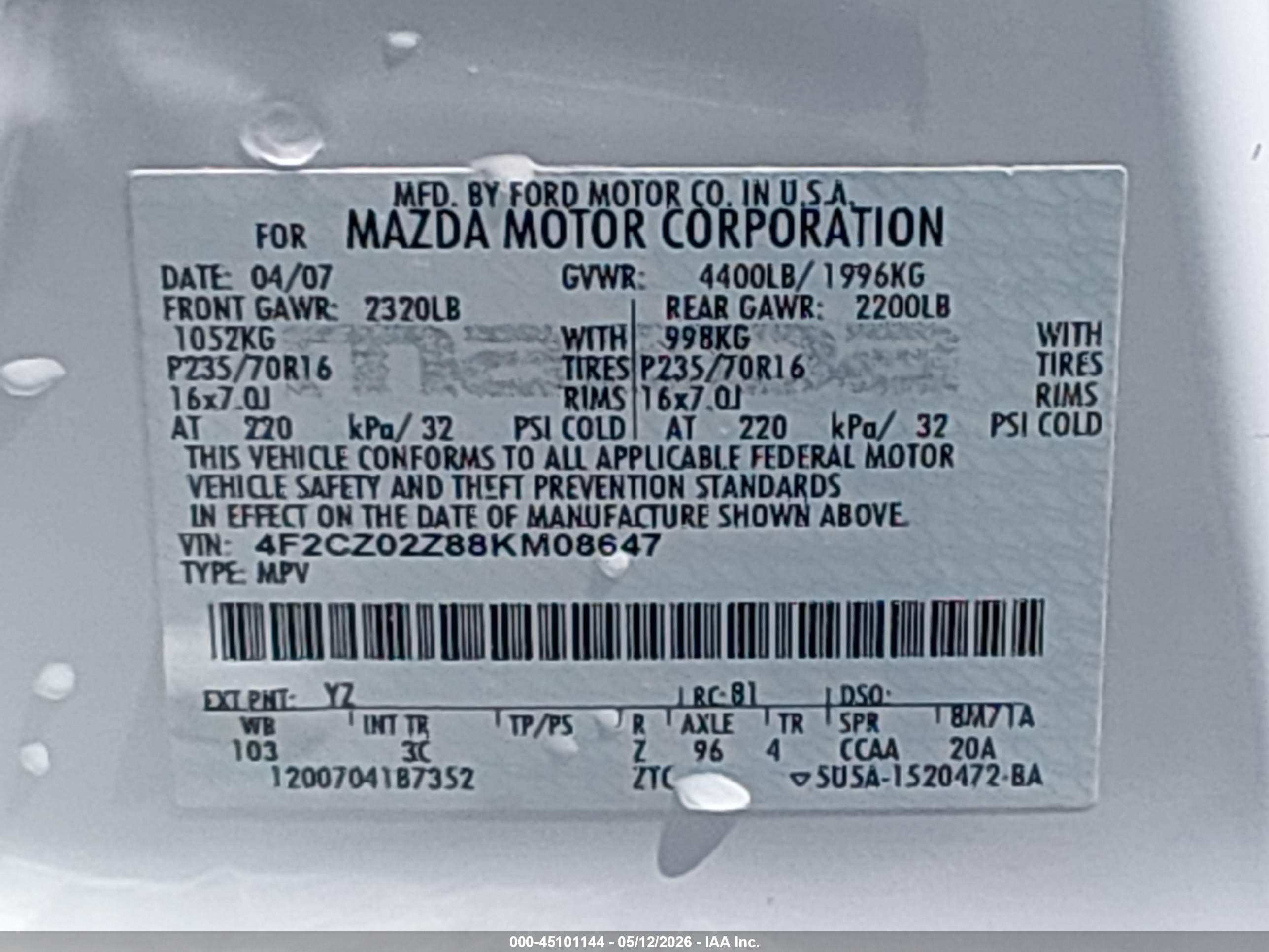 2008 Mazda Tribute I Sport White vin: 4F2CZ02Z88KM08647