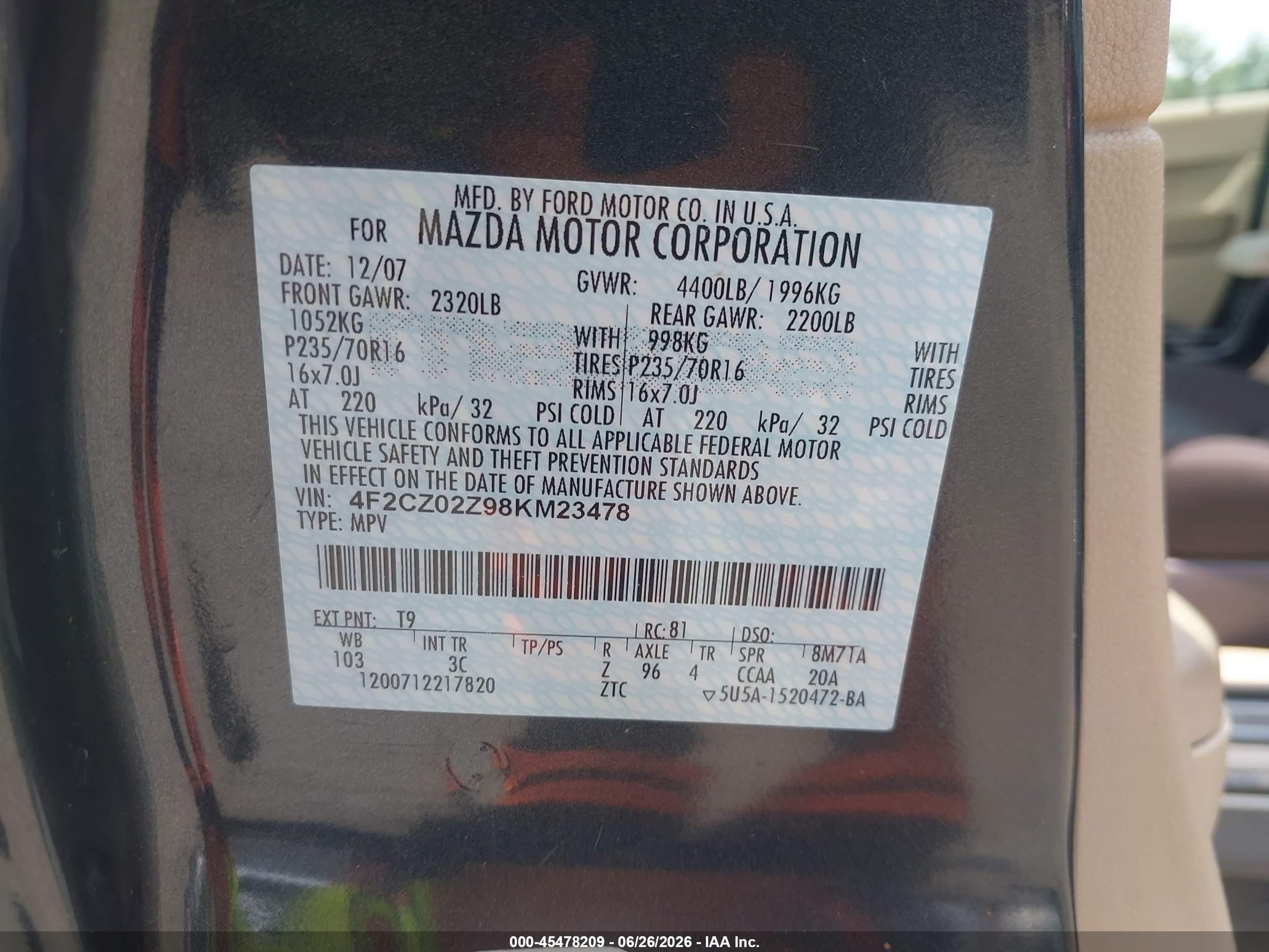 2008 Mazda Tribute I Sport Синий vin: 4F2CZ02Z98KM23478