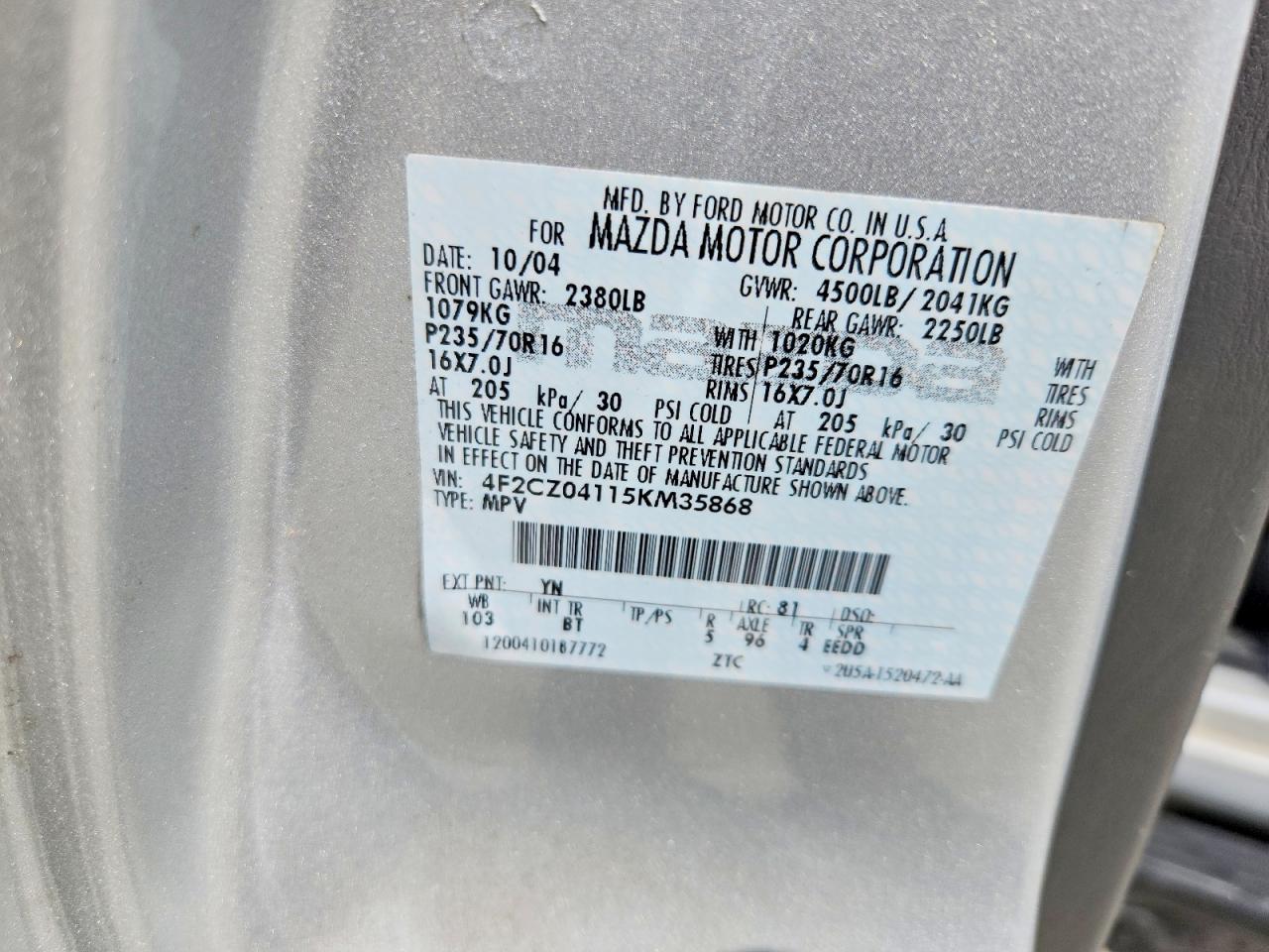 2005 Mazda Tribute S Серебряный vin: 4F2CZ04115KM35868