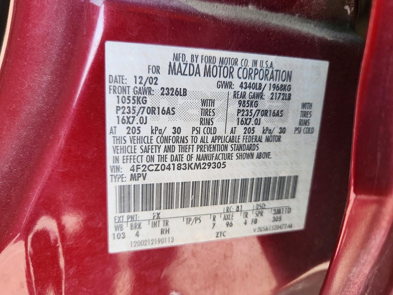 2003 Mazda Tribute Lx Maroon vin: 4F2CZ04183KM29305