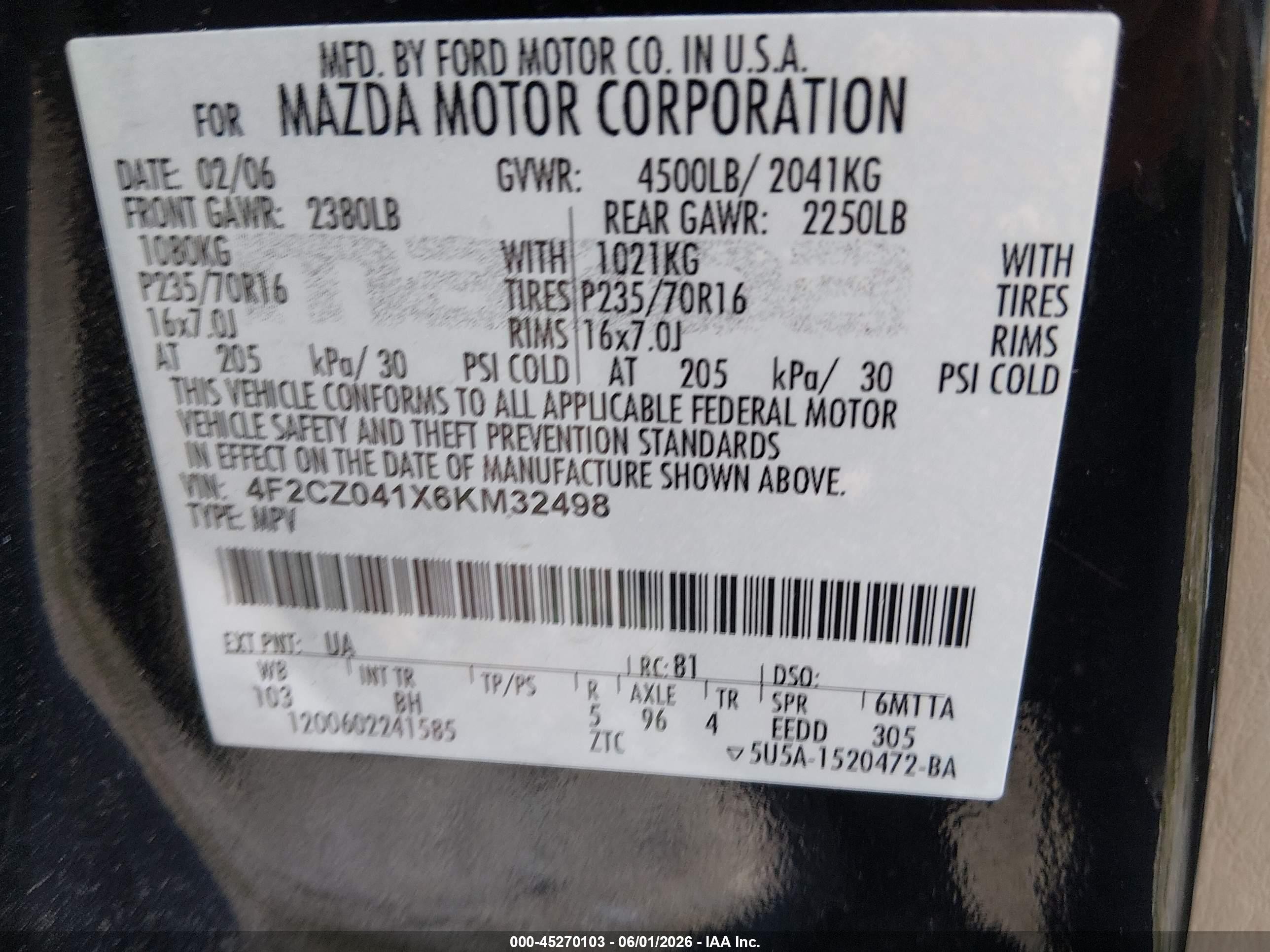2006 Mazda Tribute S Черный vin: 4F2CZ041X6KM32498