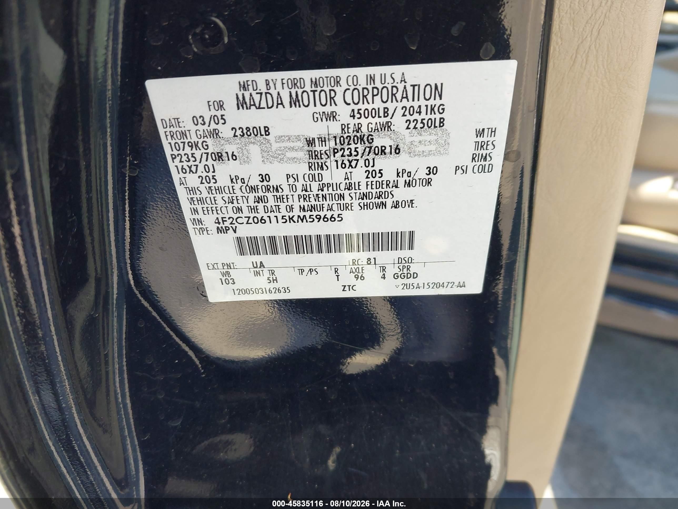 2005 Mazda Tribute S Black vin: 4F2CZ06115KM59665