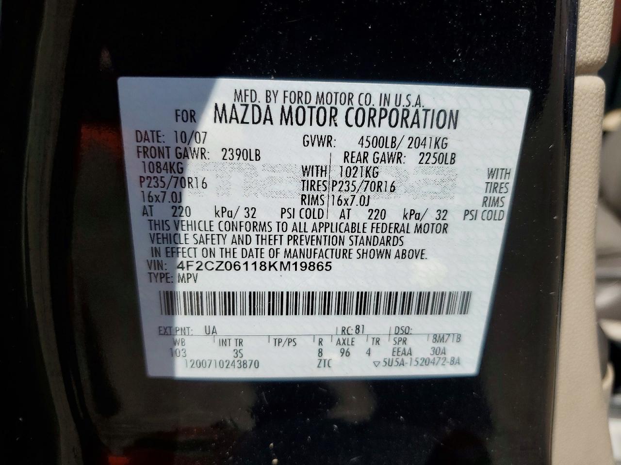 2008 Mazda Tribute S Black vin: 4F2CZ06118KM19865
