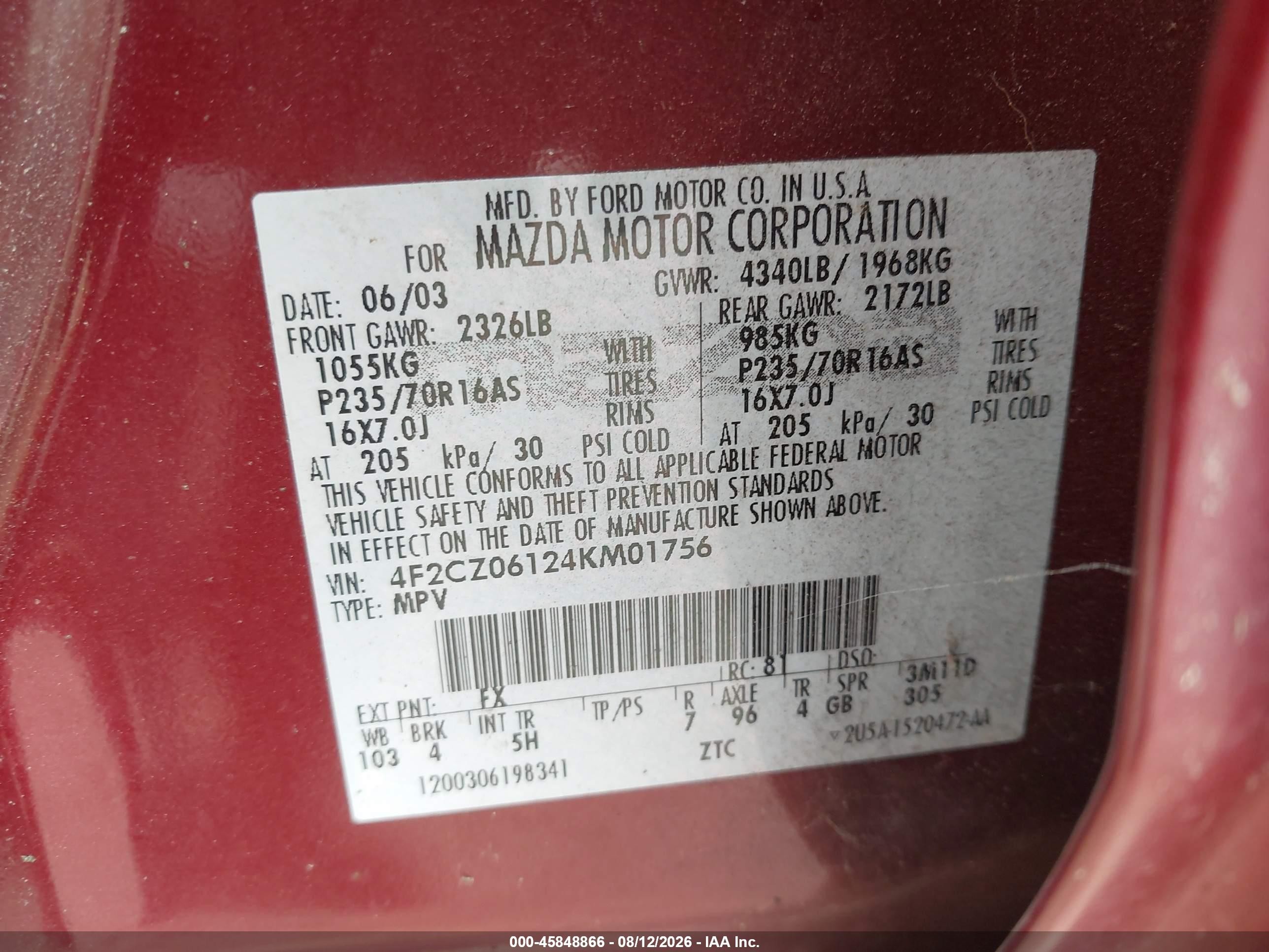 2004 Mazda Tribute Es V6 Burgundy vin: 4F2CZ06124KM01756