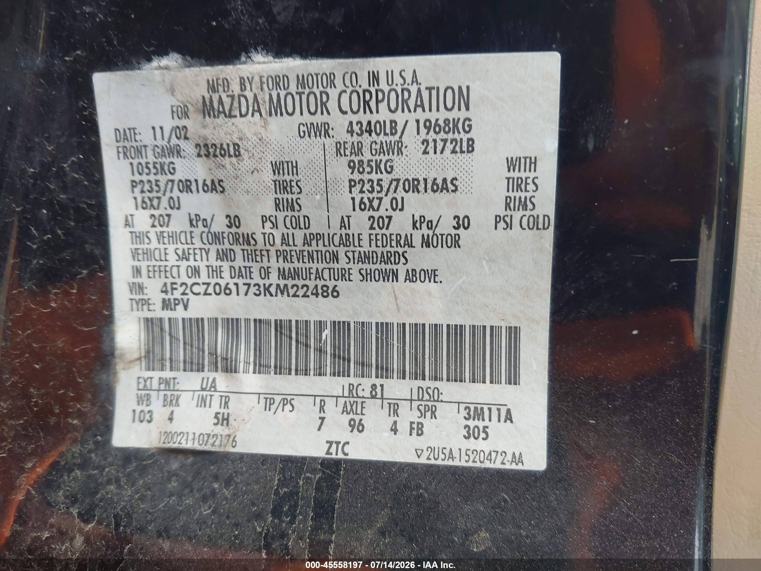 2003 Mazda Tribute Es V6 Black vin: 4F2CZ06173KM22486