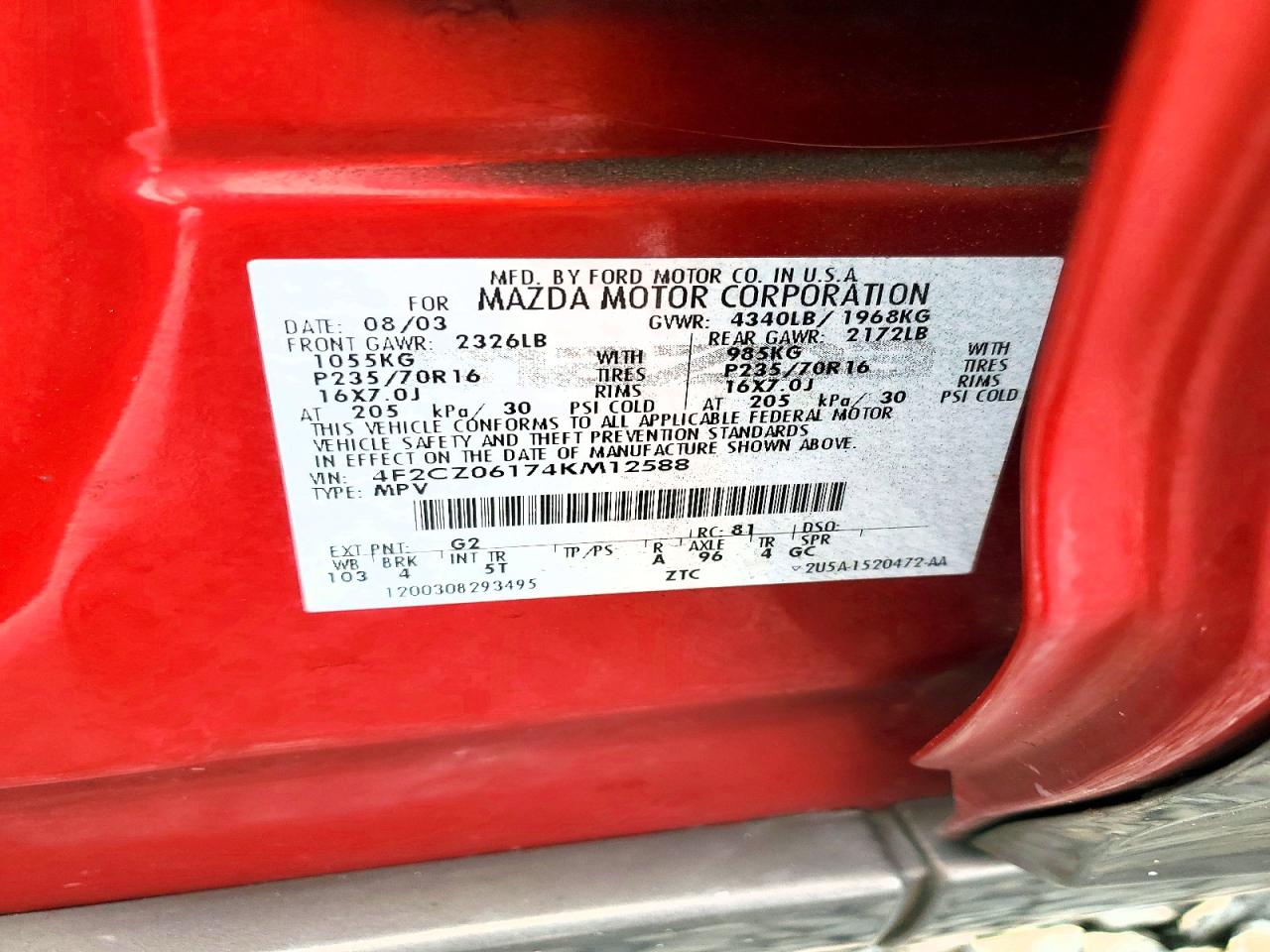2004 Mazda Tribute Es Red vin: 4F2CZ06174KM12588