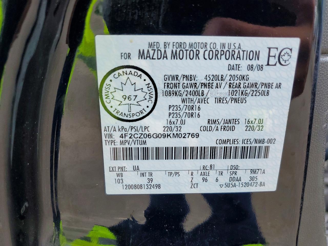 2009 Mazda Tribute S Черный vin: 4F2CZ06G09KM02769
