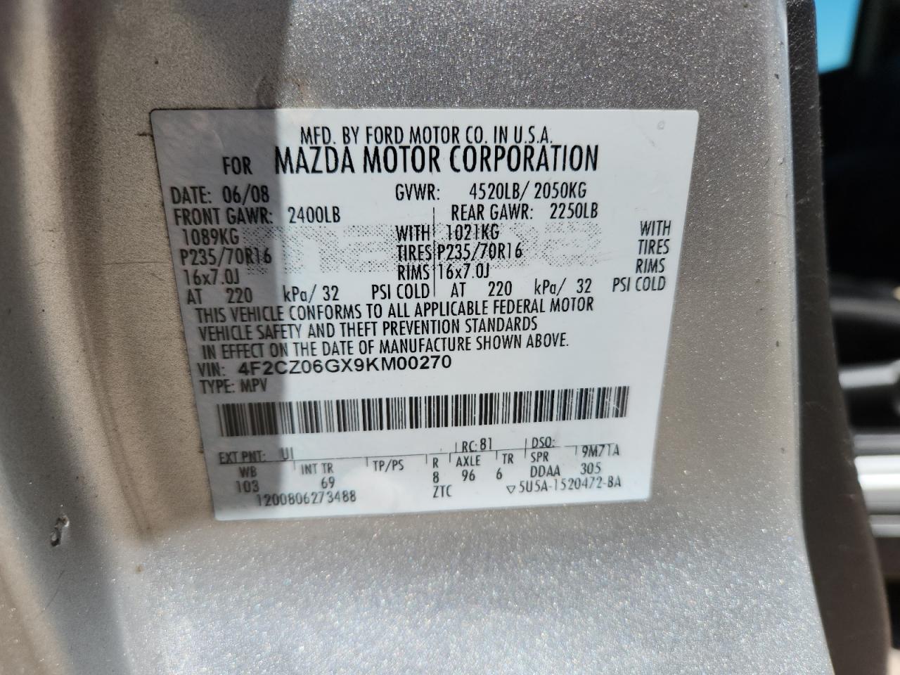 2009 Mazda Tribute S Серебряный vin: 4F2CZ06GX9KM00270