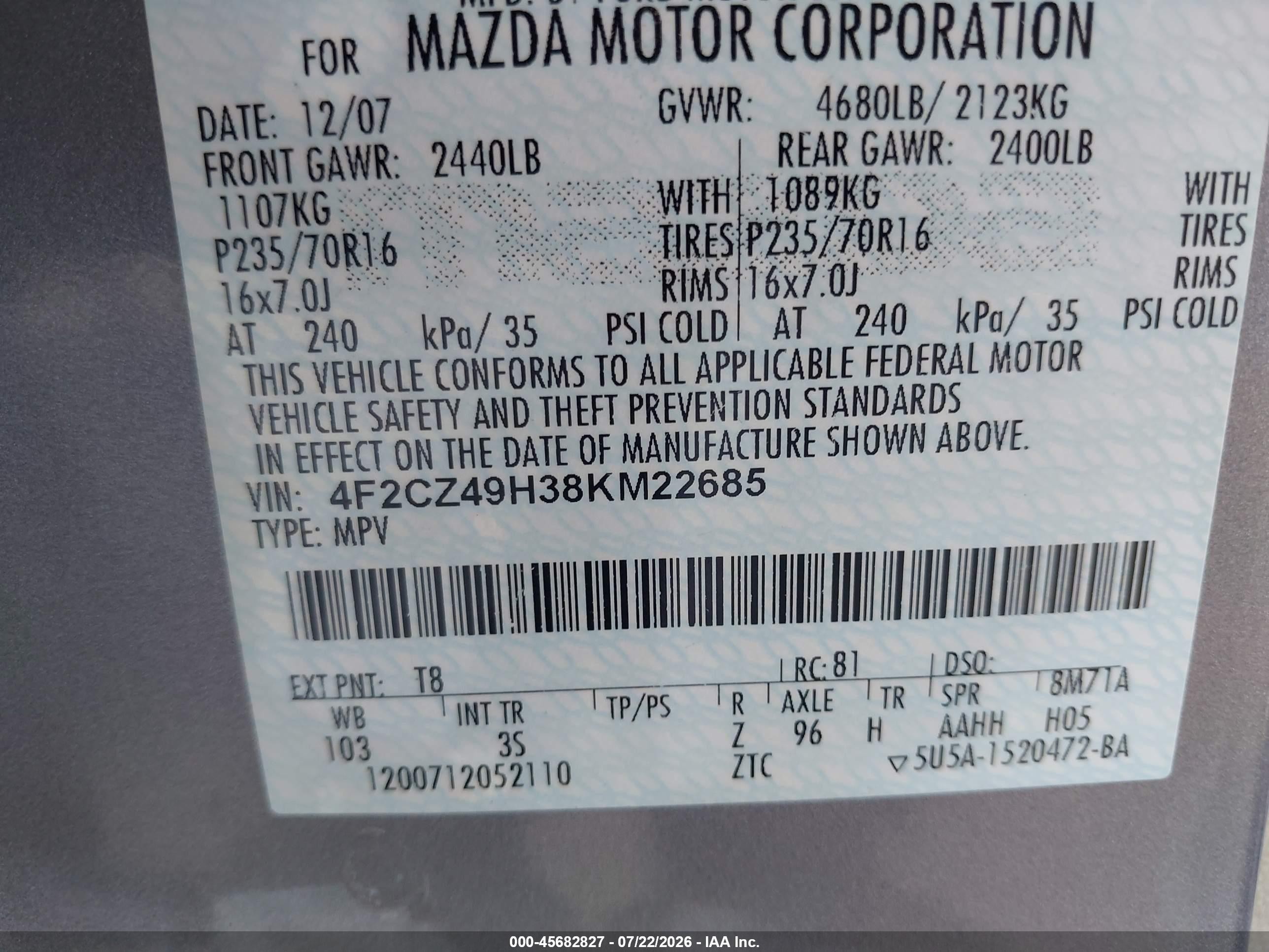 2008 Mazda Tribute Hybrid Touring Gray vin: 4F2CZ49H38KM22685