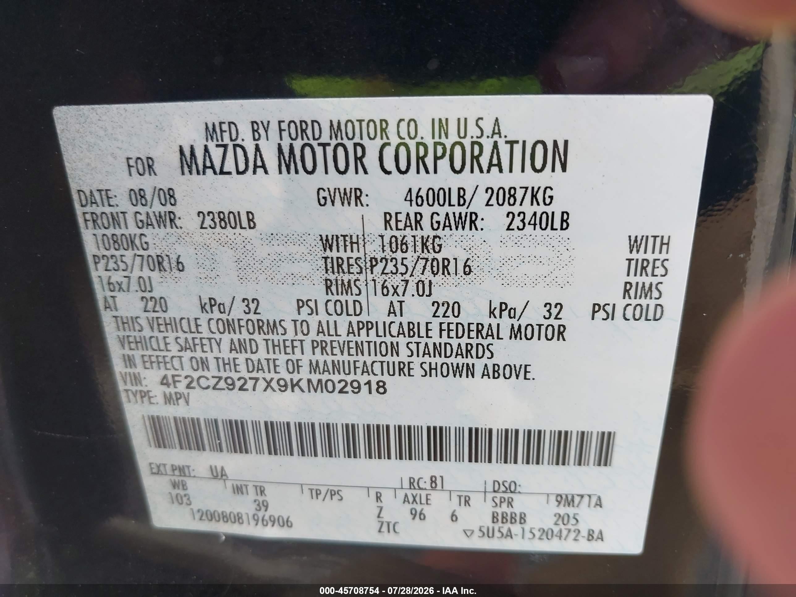 2009 Mazda Tribute I Sport Black vin: 4F2CZ927X9KM02918
