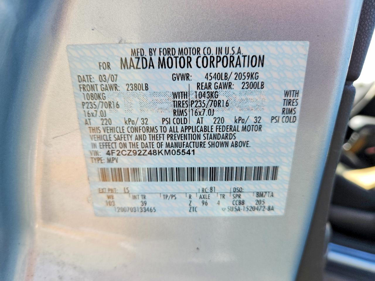 2008 Mazda Tribute I Blue vin: 4F2CZ92Z48KM05541