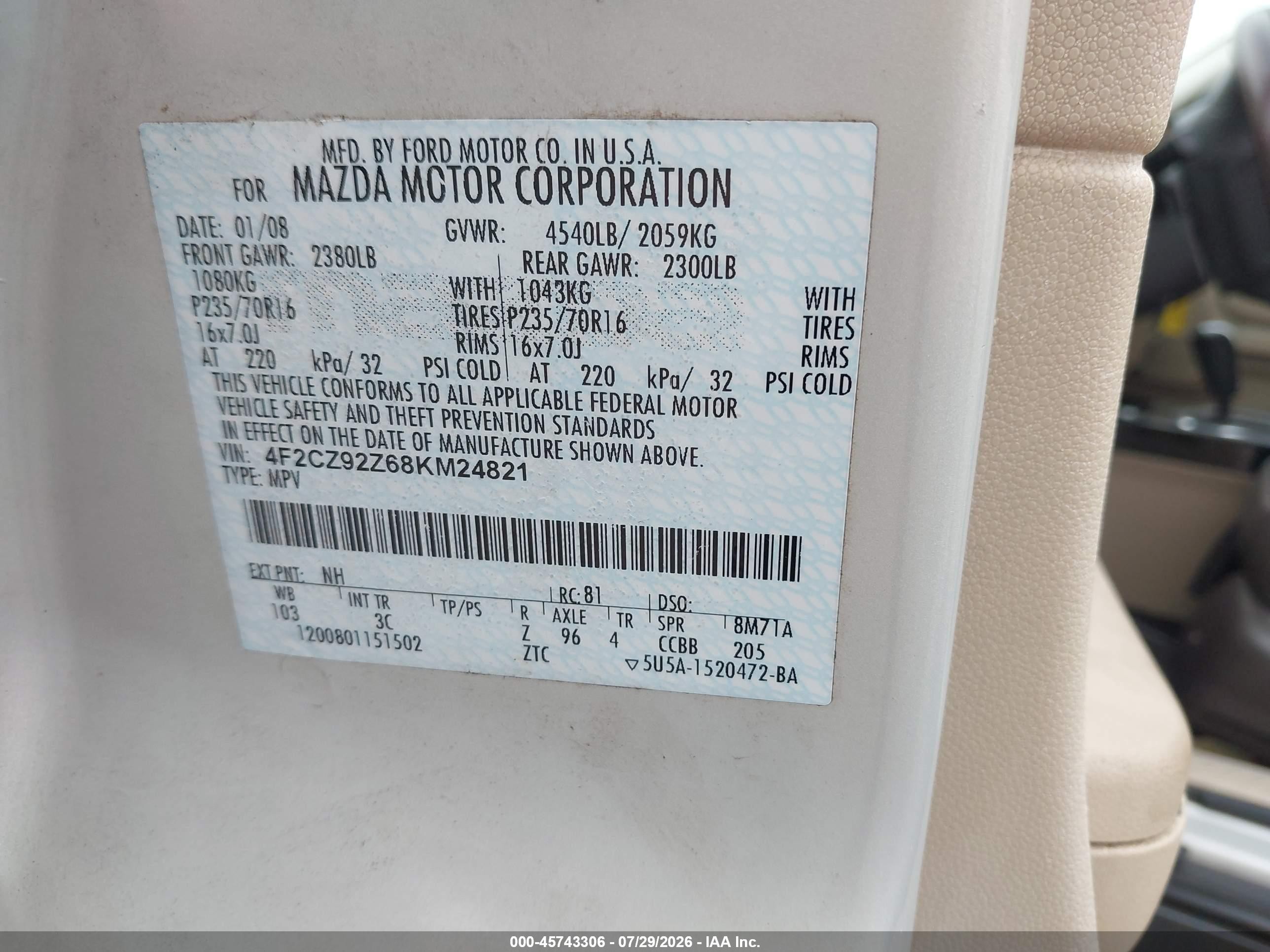 2008 Mazda Tribute I Touring Cream vin: 4F2CZ92Z68KM24821