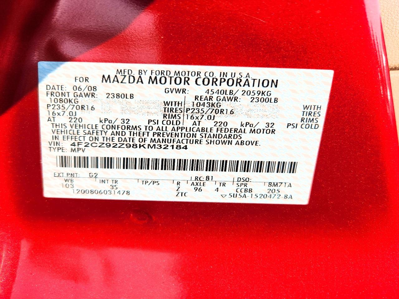 2008 Mazda Tribute I Red vin: 4F2CZ92Z98KM32184