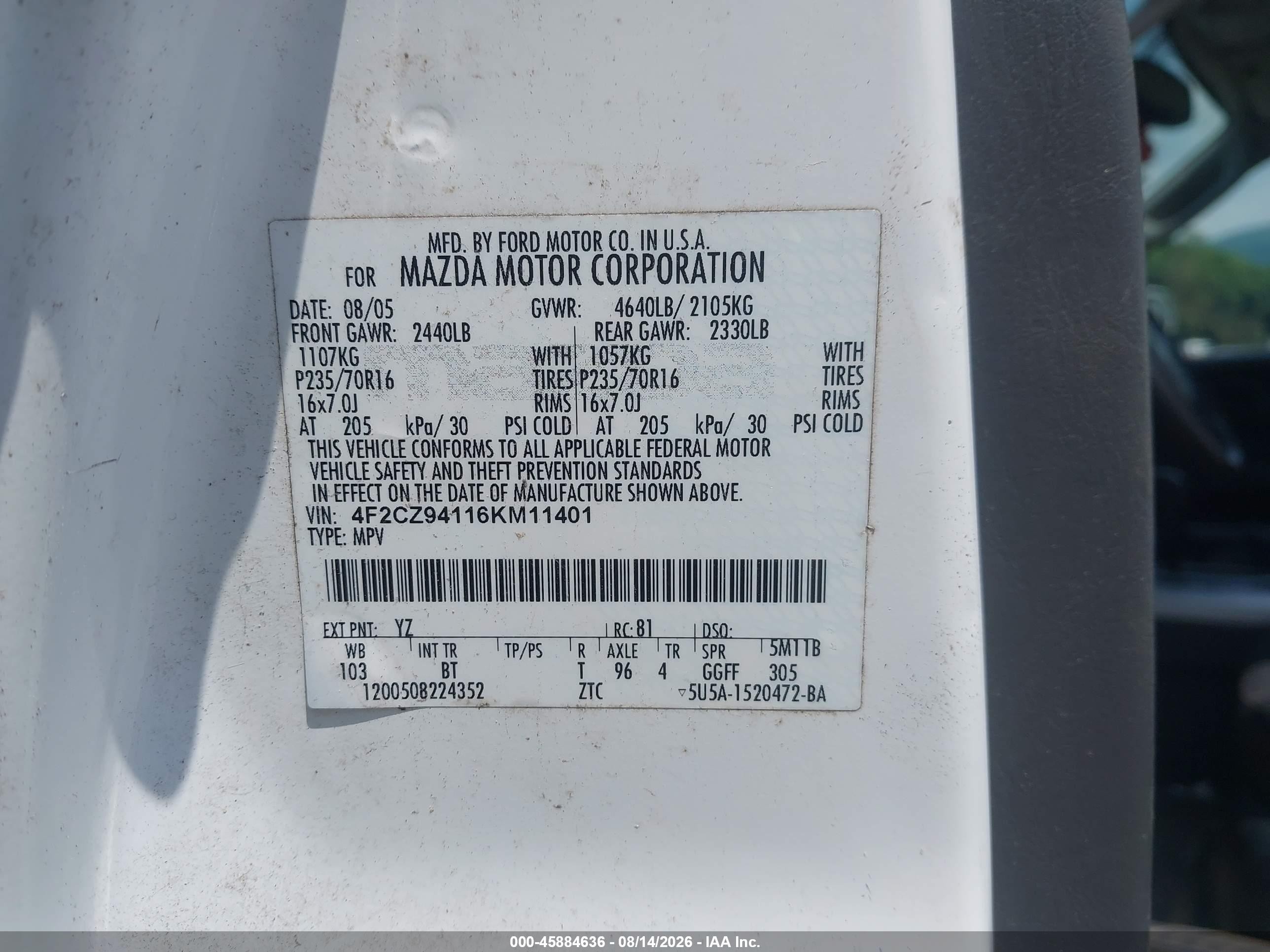 2006 Mazda Tribute S White vin: 4F2CZ94116KM11401