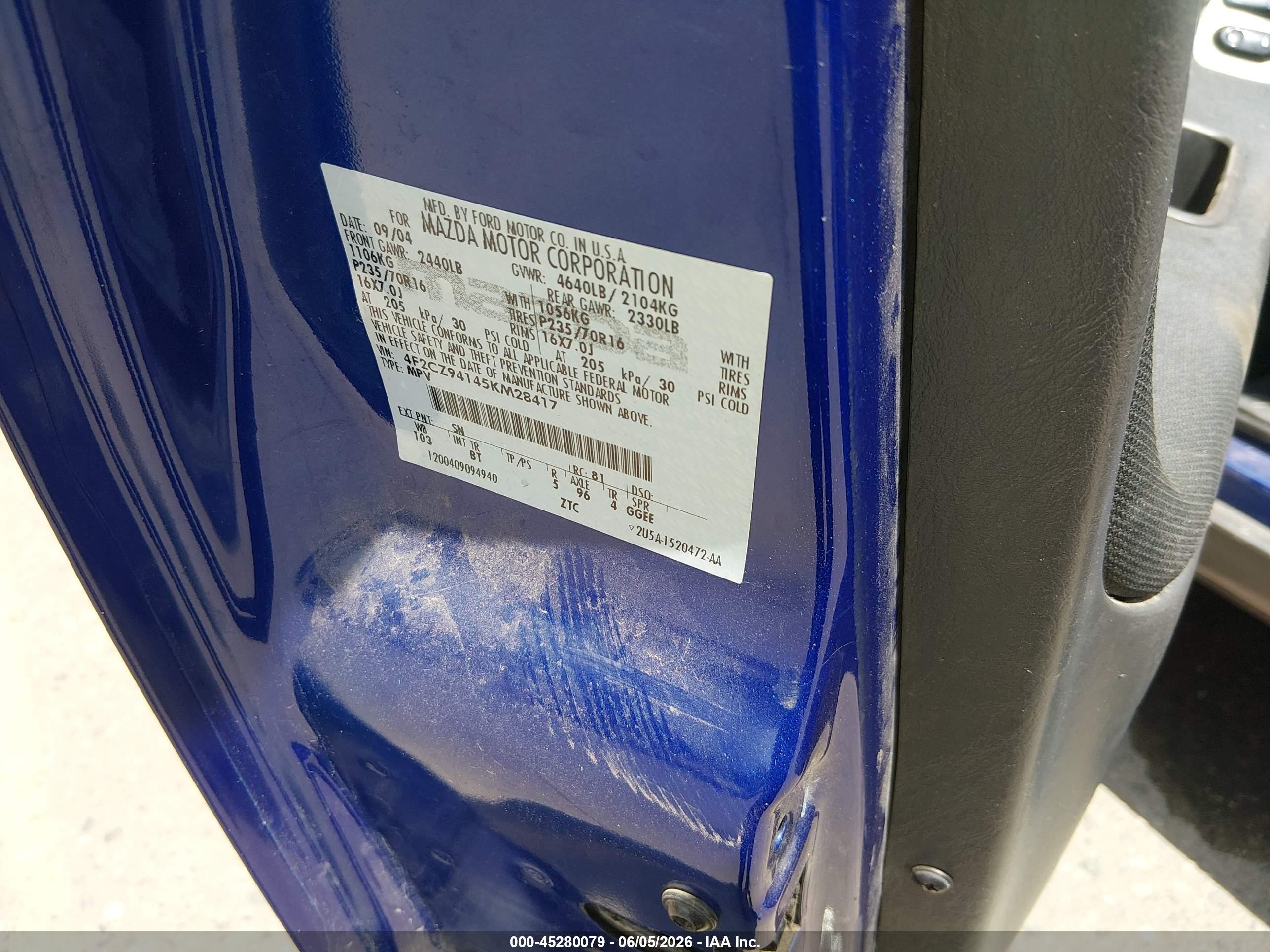 2005 Mazda Tribute S Blue vin: 4F2CZ94145KM28417