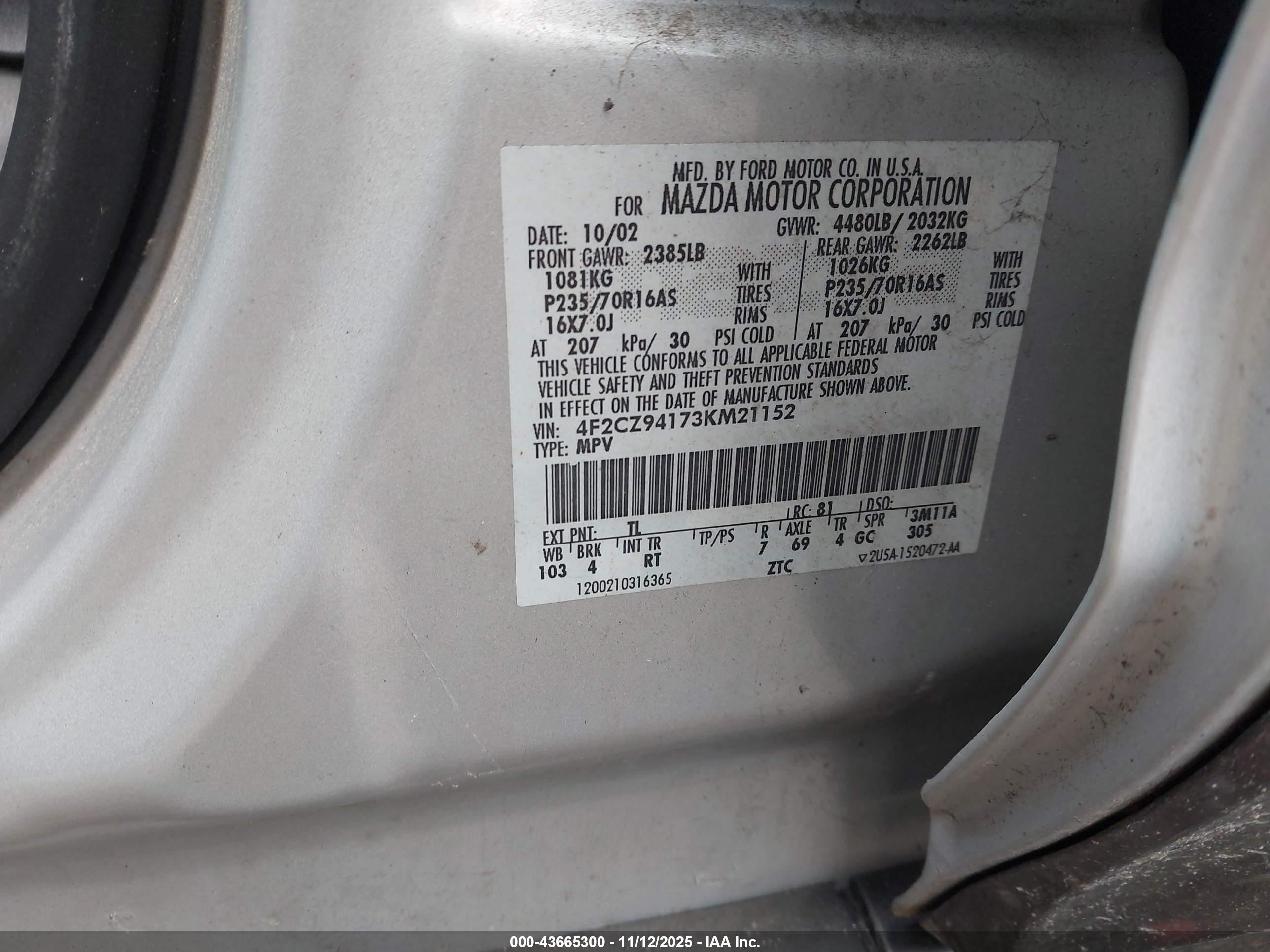 2003 Mazda Tribute Lx V6 Silver vin: 4F2CZ94173KM21152