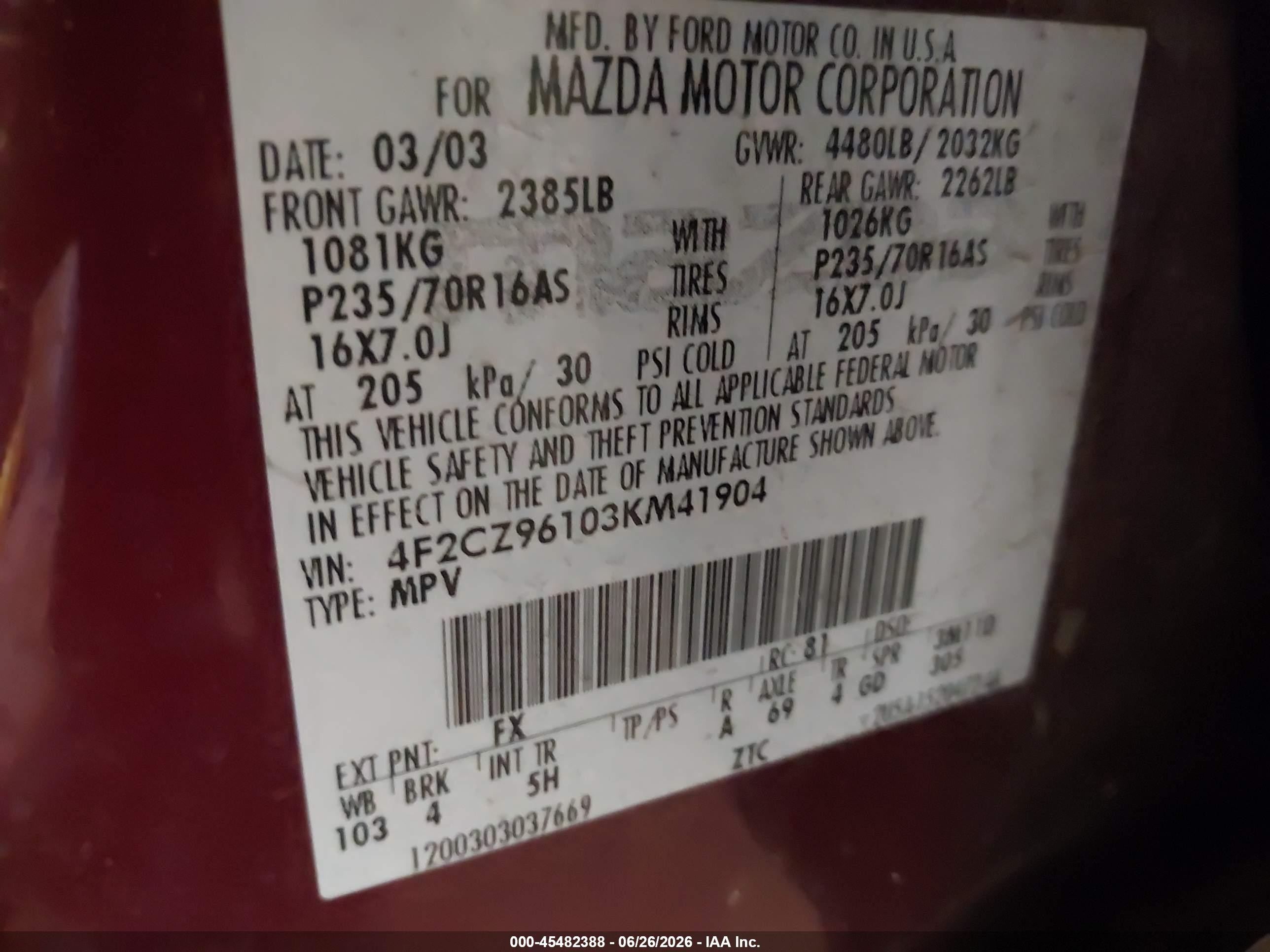 2003 Mazda Tribute Es V6 Red vin: 4F2CZ96103KM41904