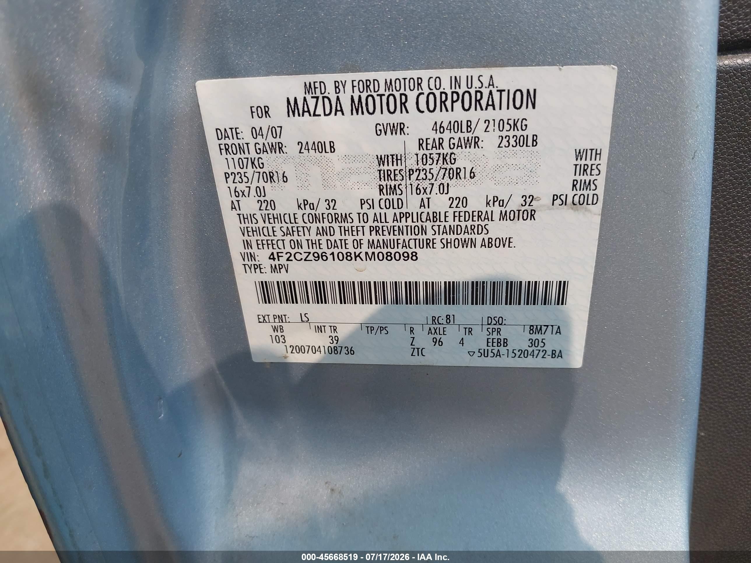 2008 Mazda Tribute S Sport Light Blue vin: 4F2CZ96108KM08098