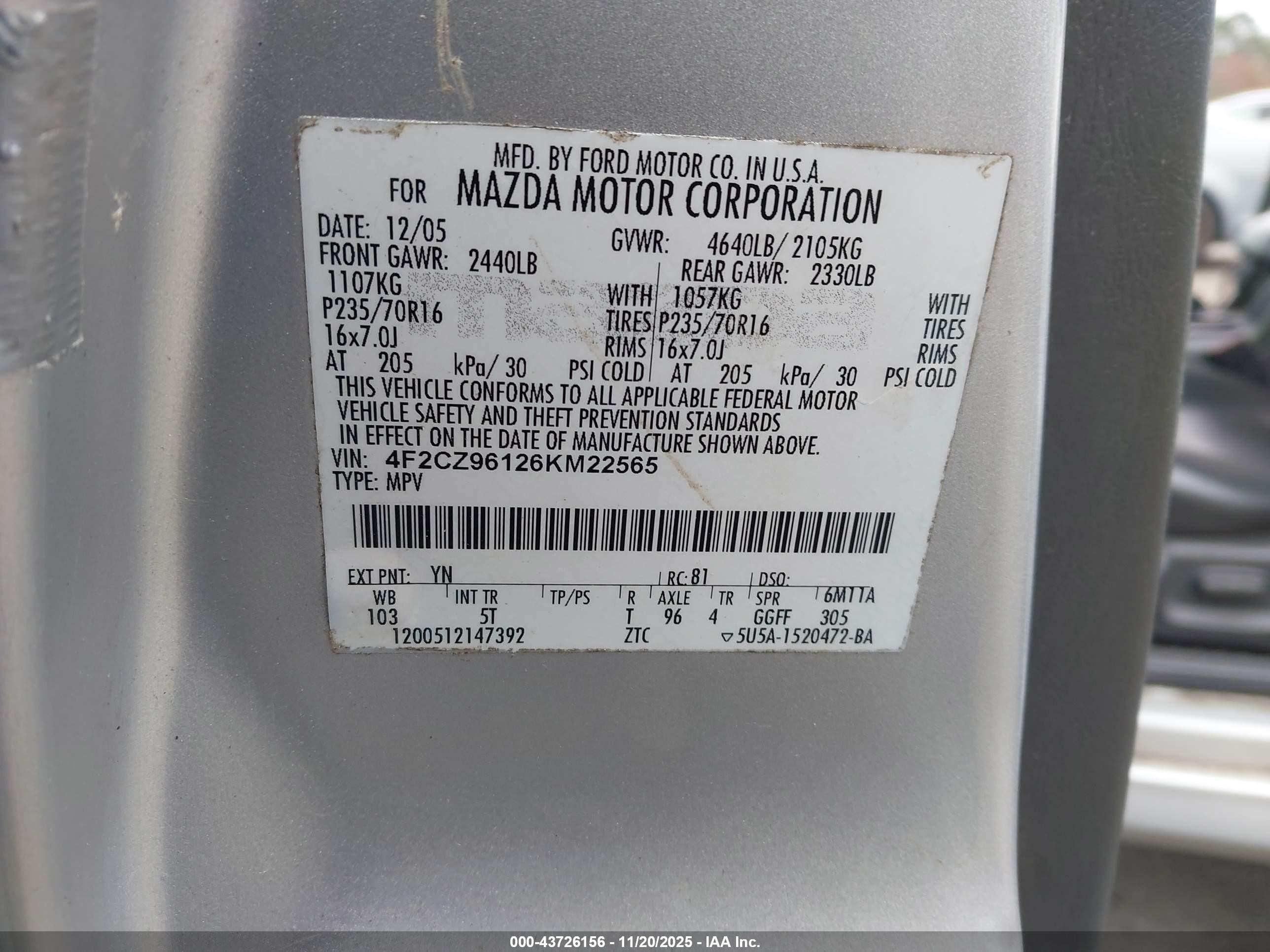 2006 Mazda Tribute S Silver vin: 4F2CZ96126KM22565