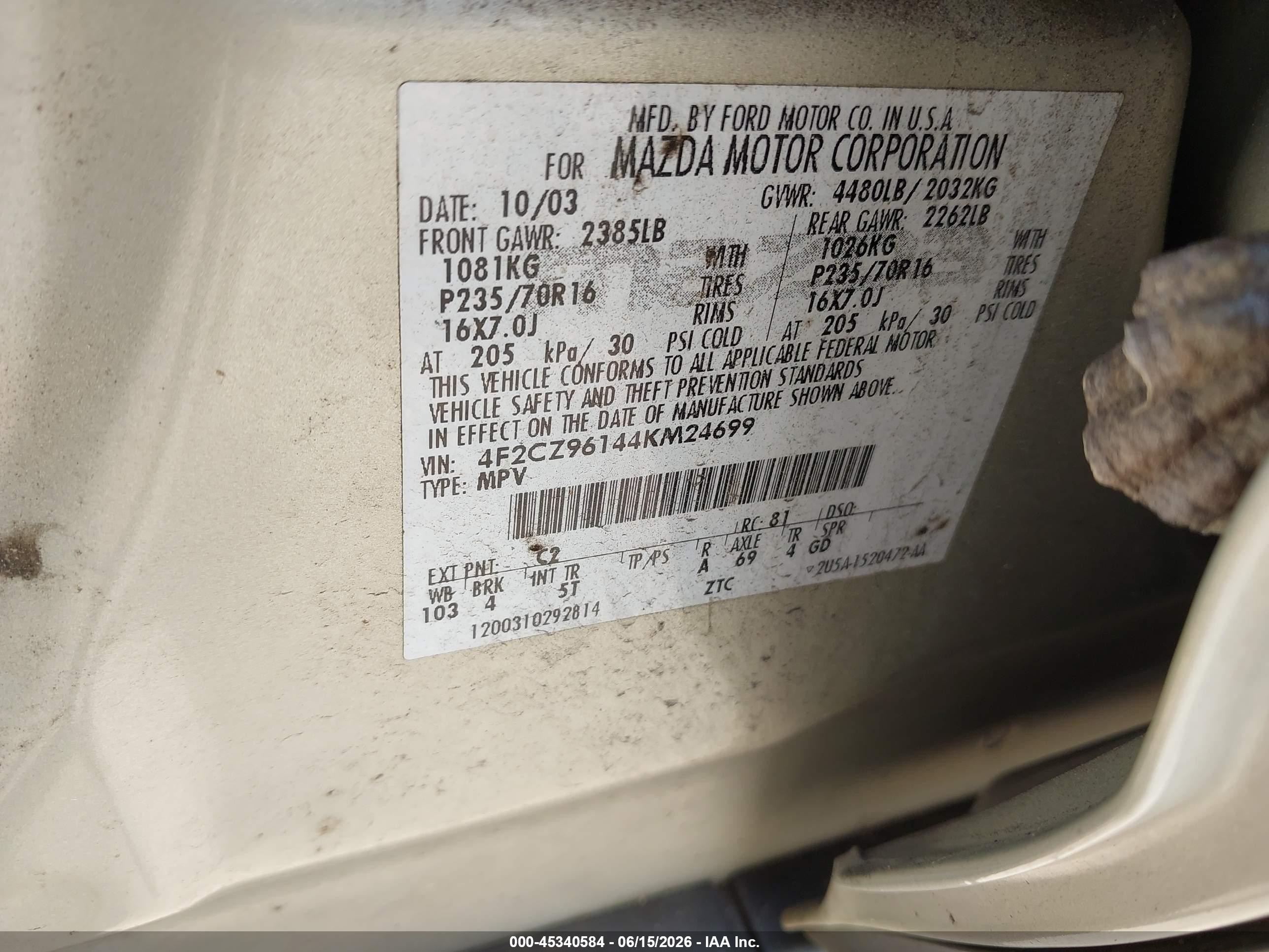 2004 Mazda Tribute Es V6 Золотой vin: 4F2CZ96144KM24699