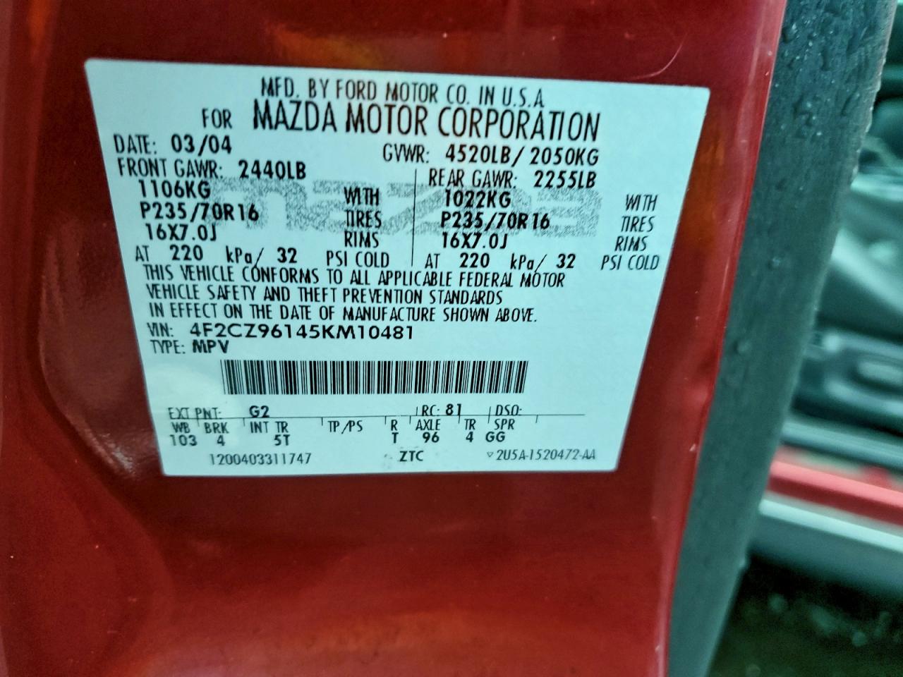 2005 Mazda Tribute S Red vin: 4F2CZ96145KM10481