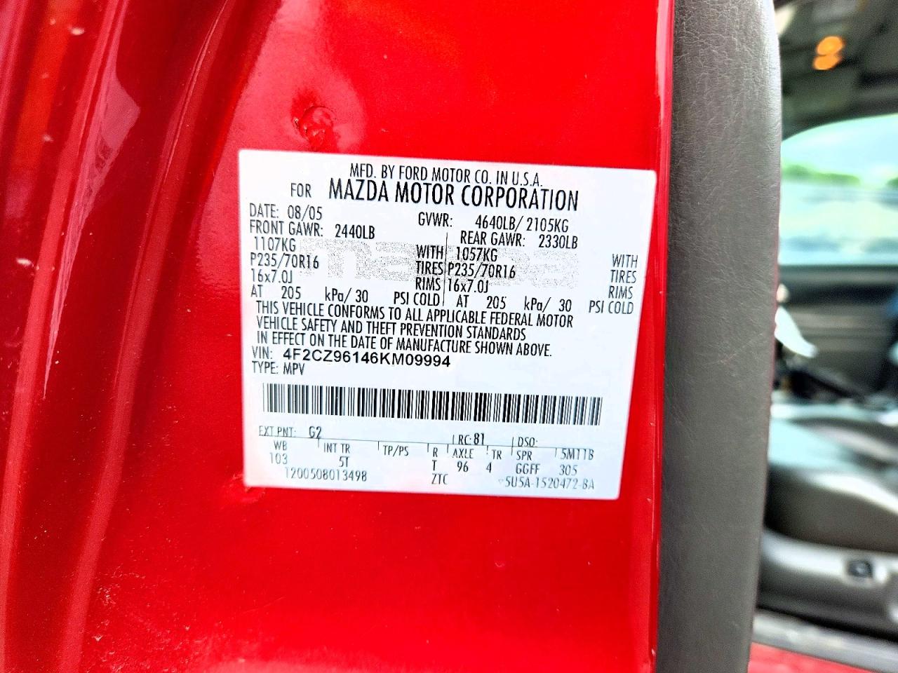 2006 Mazda Tribute S Red vin: 4F2CZ96146KM09994