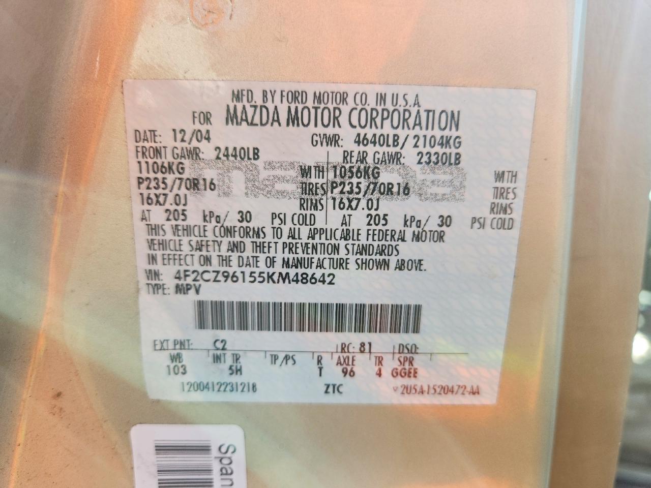 2005 Mazda Tribute S Beige vin: 4F2CZ96155KM48642
