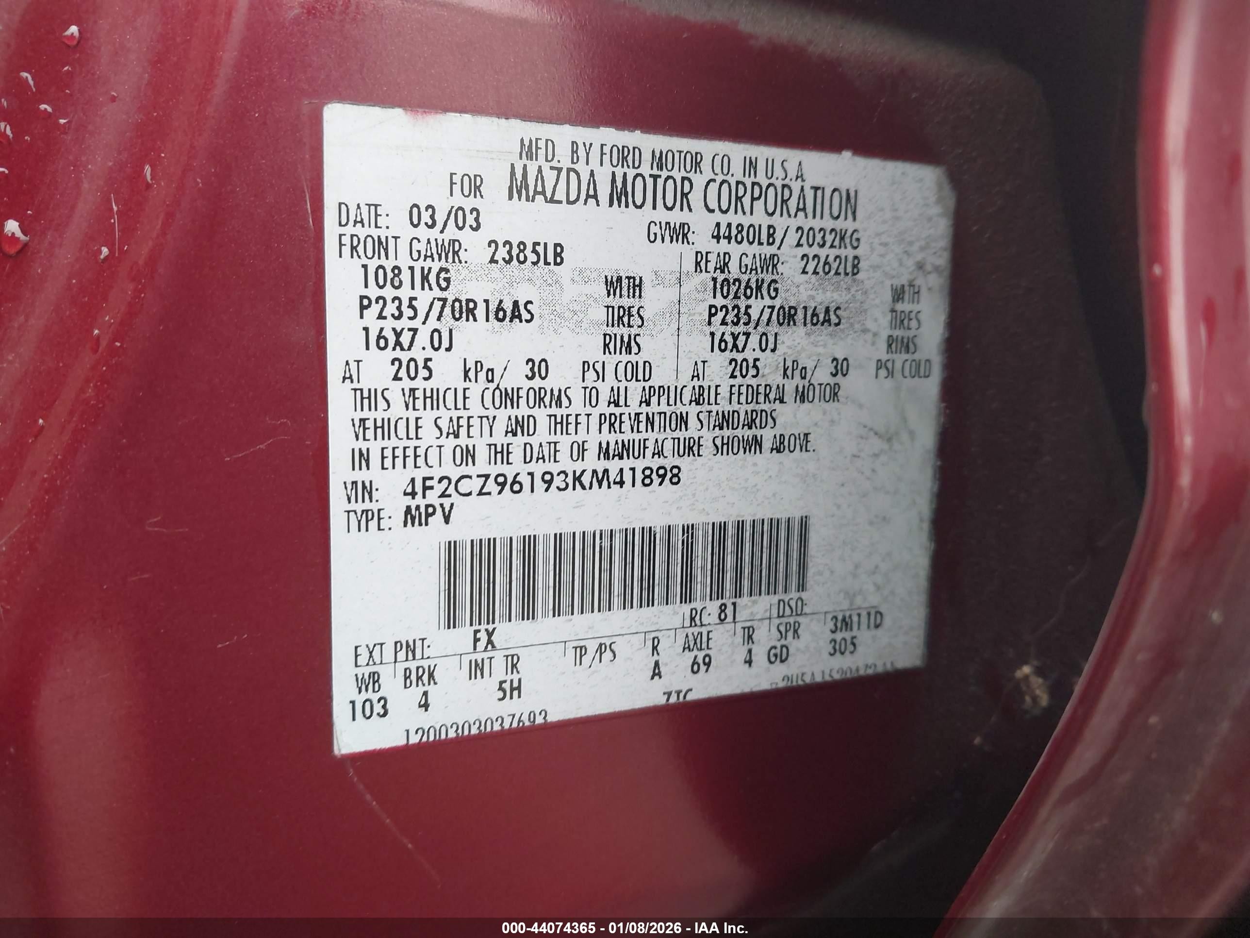 2003 Mazda Tribute Es V6 Maroon vin: 4F2CZ96193KM41898