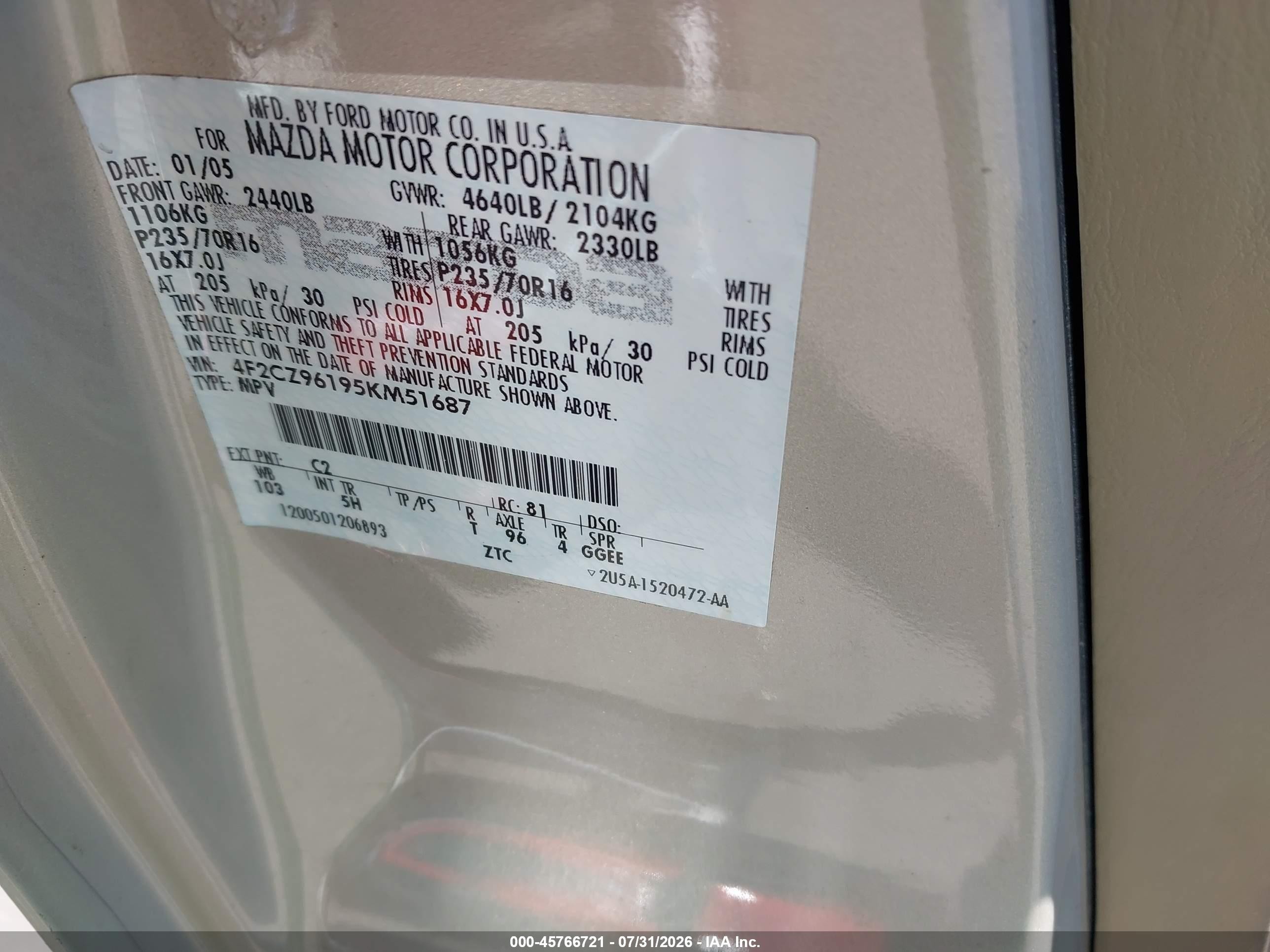 2005 Mazda Tribute S Champagne vin: 4F2CZ96195KM51687