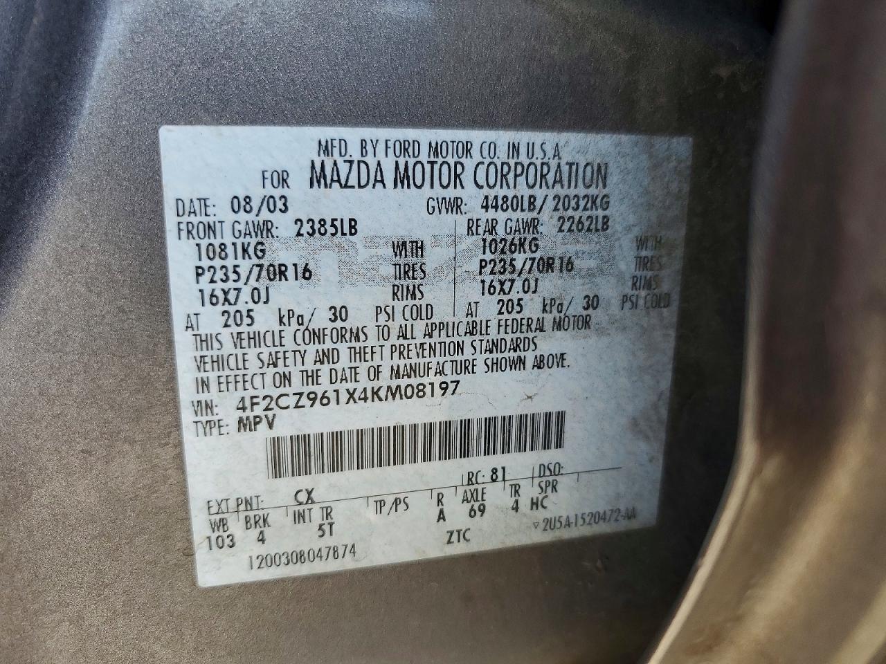 2004 Mazda Tribute Es Серый vin: 4F2CZ961X4KM08197