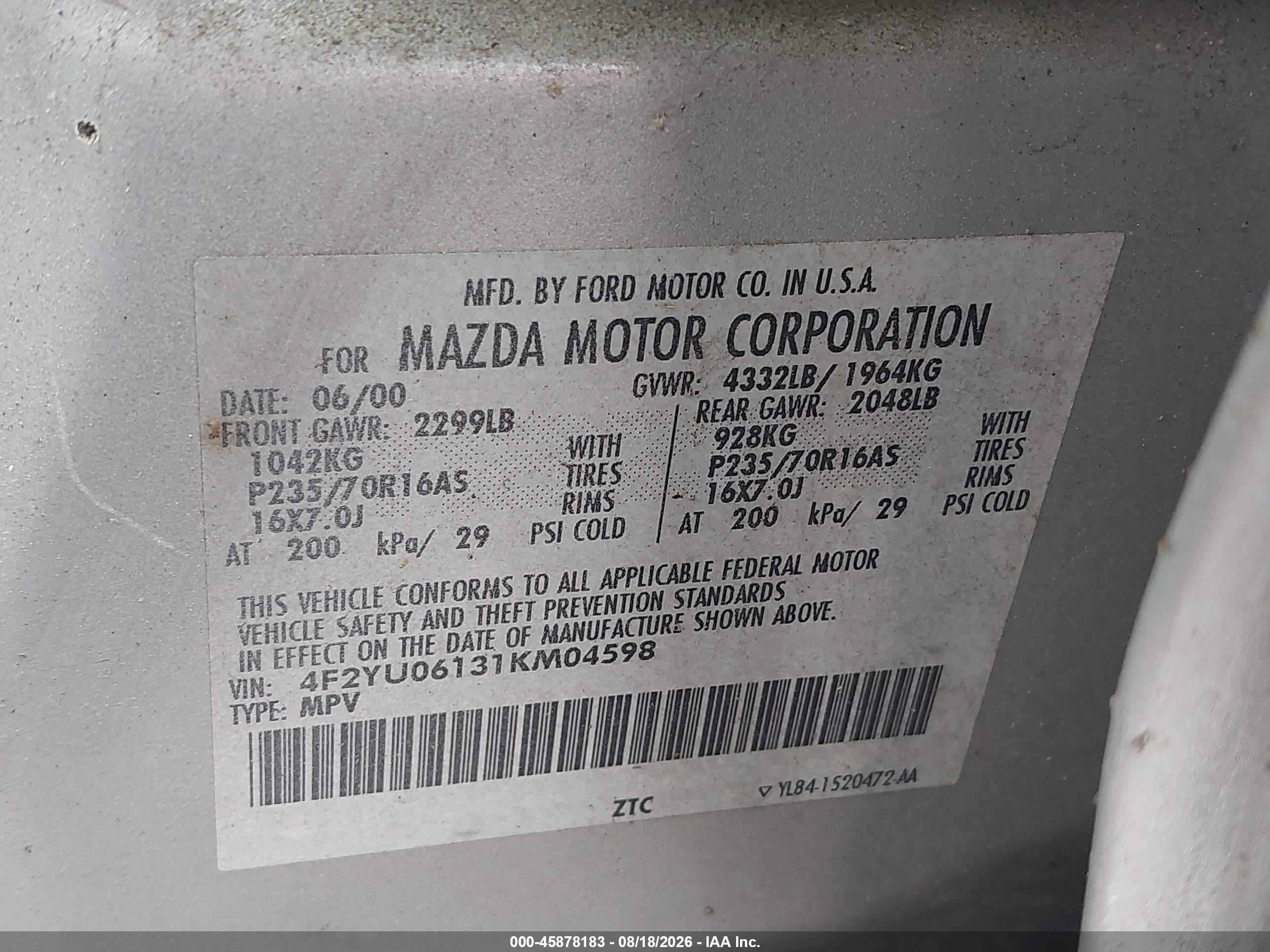 2001 Mazda Tribute Dx Silver vin: 4F2YU06131KM04598