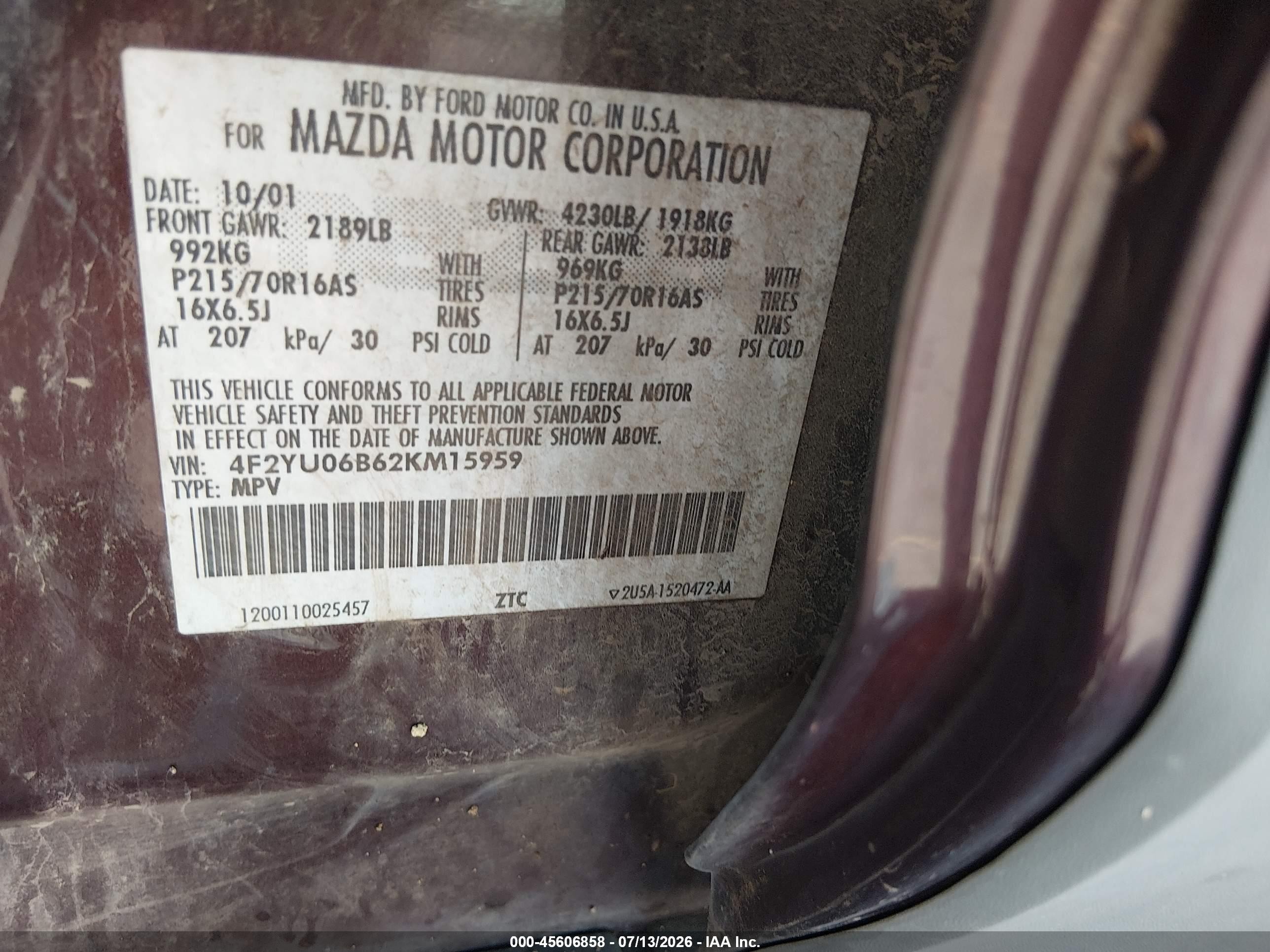 2002 Mazda Tribute Dx Бордовый vin: 4F2YU06B62KM15959