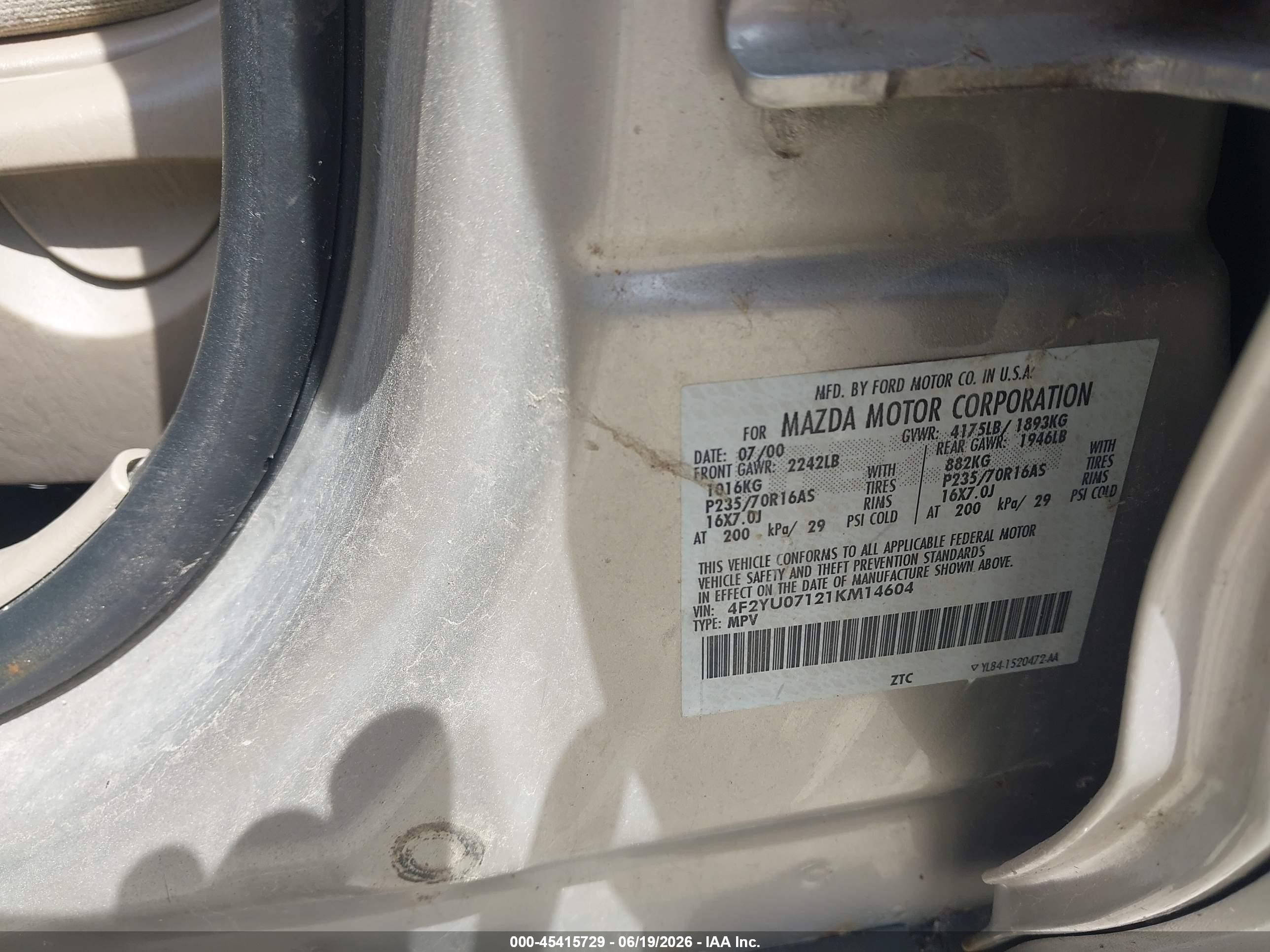 2001 Mazda Tribute Dx V6 Beige vin: 4F2YU07121KM14604