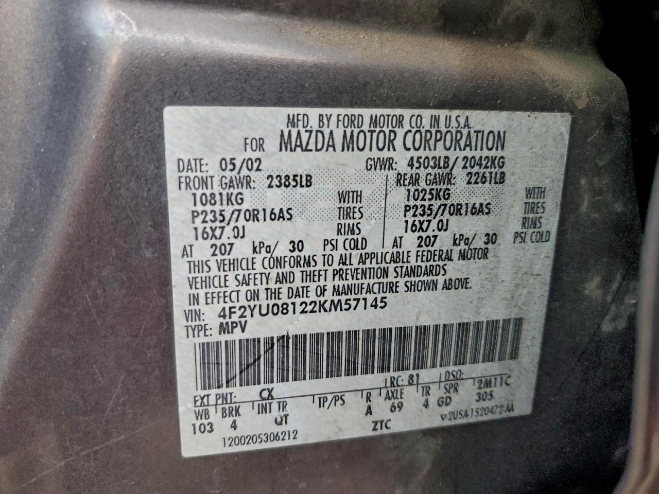 2002 Mazda Tribute Lx Blue vin: 4F2YU08122KM57145