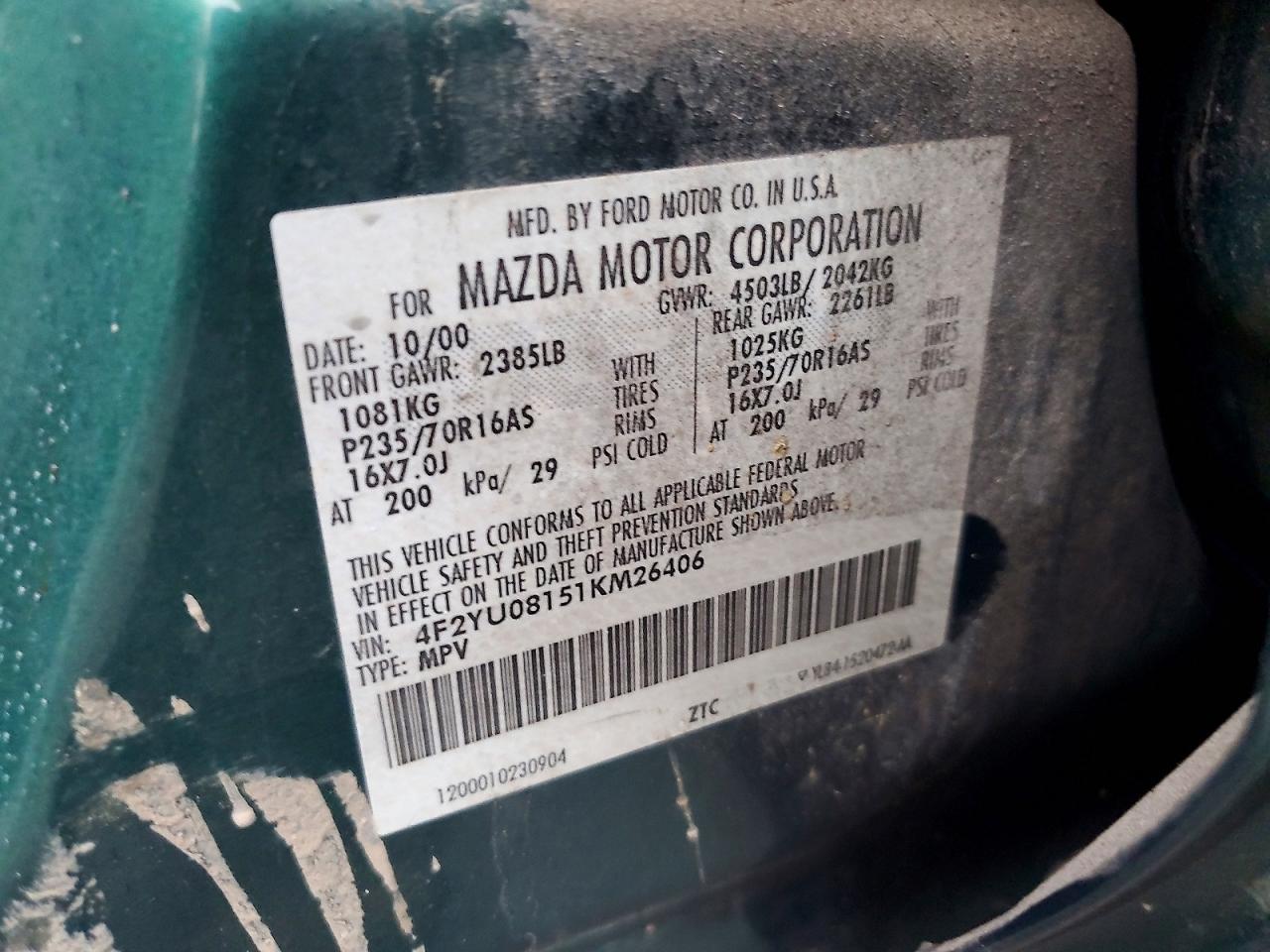 2001 Mazda Tribute Lx Green vin: 4F2YU08151KM26406