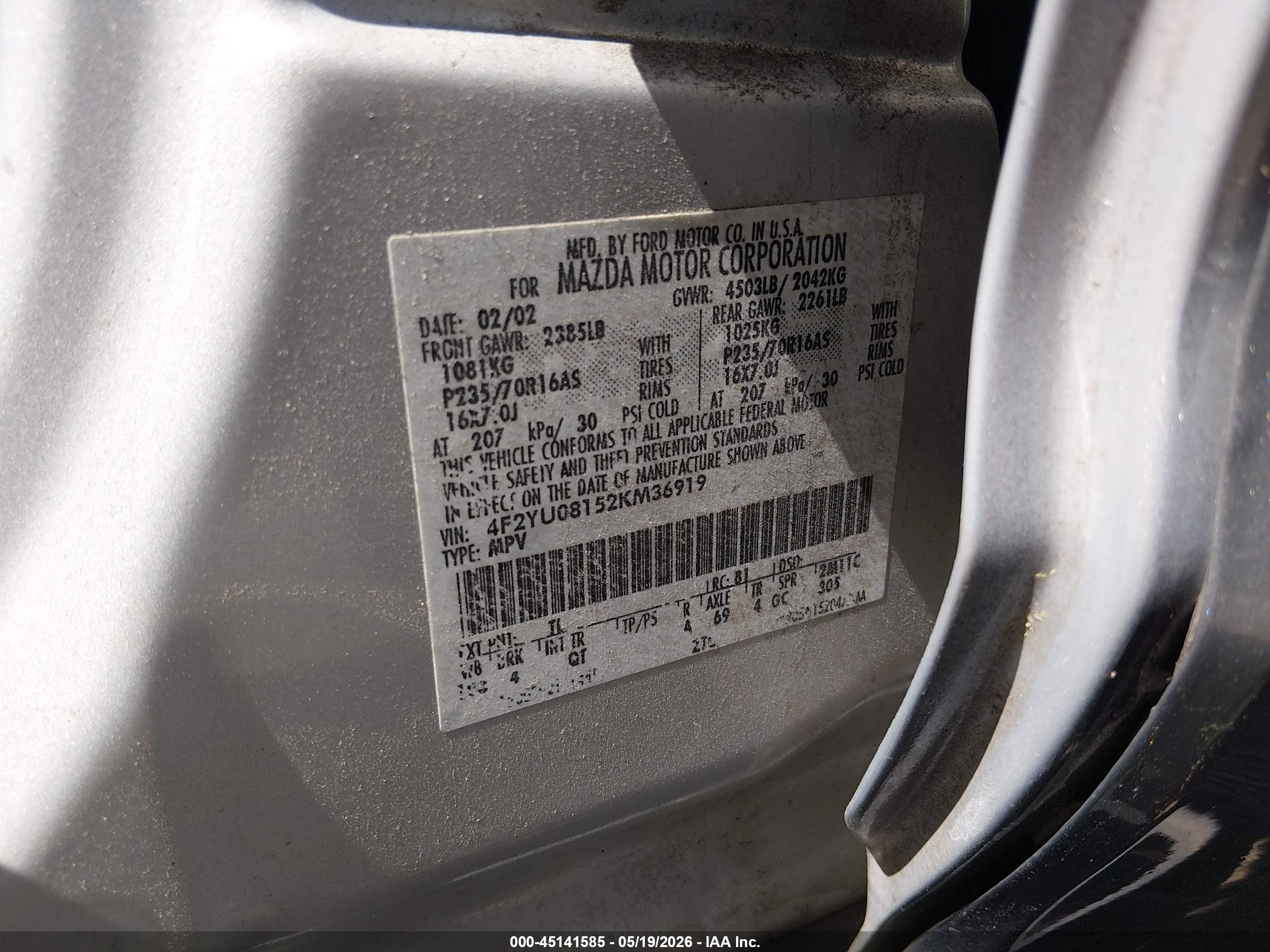 2002 Mazda Tribute Es V6/lx V6 Серебряный vin: 4F2YU08152KM36919