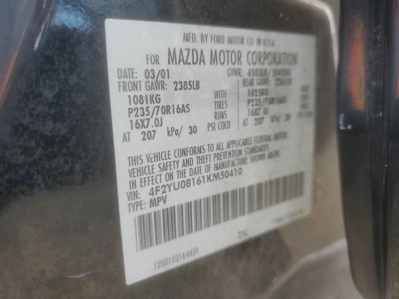 2001 Mazda Tribute Lx Black vin: 4F2YU08161KM50410