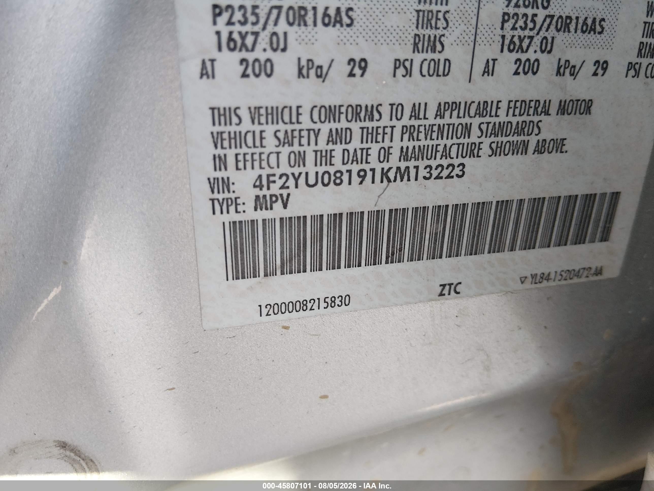 2001 Mazda Tribute Es V6/lx V6 Gray vin: 4F2YU08191KM13223
