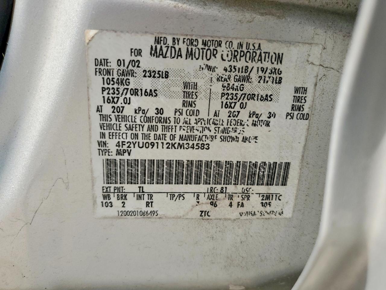 2002 Mazda Tribute Lx Silver vin: 4F2YU09112KM34583