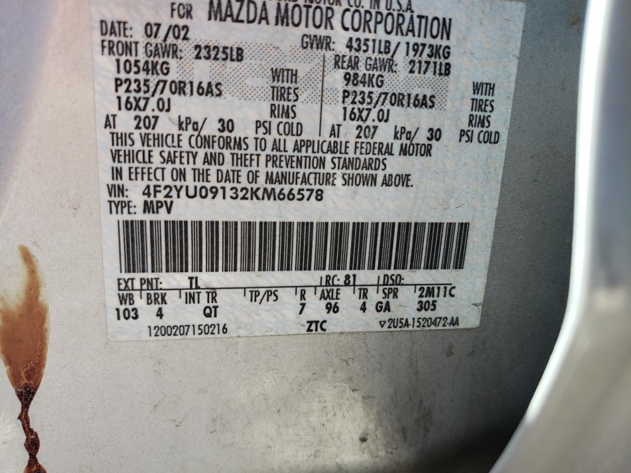 2002 Mazda Tribute Lx Silver vin: 4F2YU09132KM66578