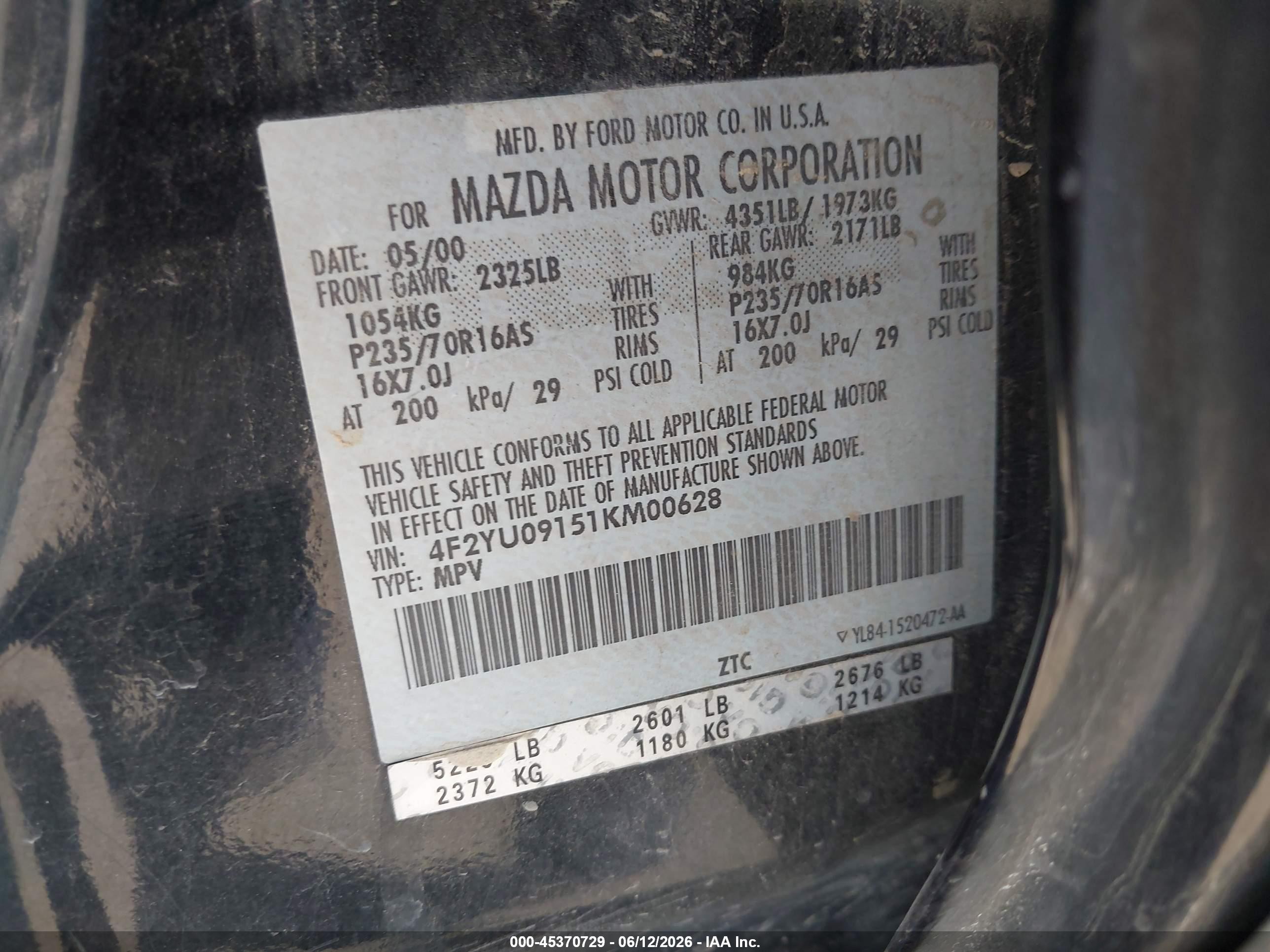 2001 Mazda Tribute Es V6/lx V6 Черный vin: 4F2YU09151KM00628